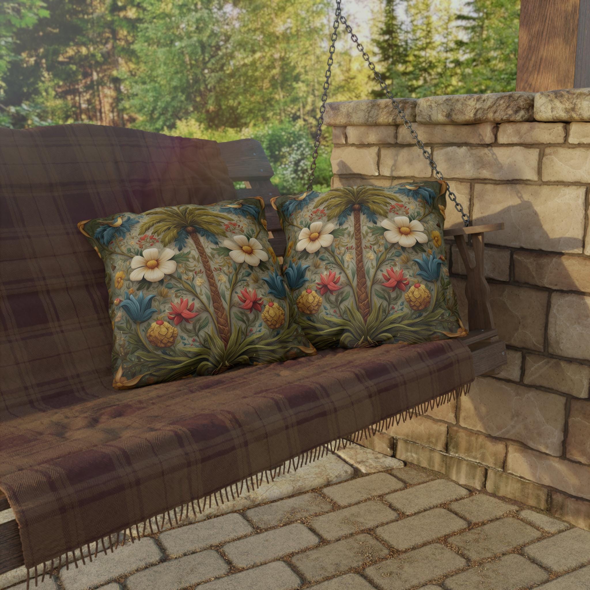 William Morris Inspired Outdoor Pillow: Exotic Tropical Floral for Patio or Poolside