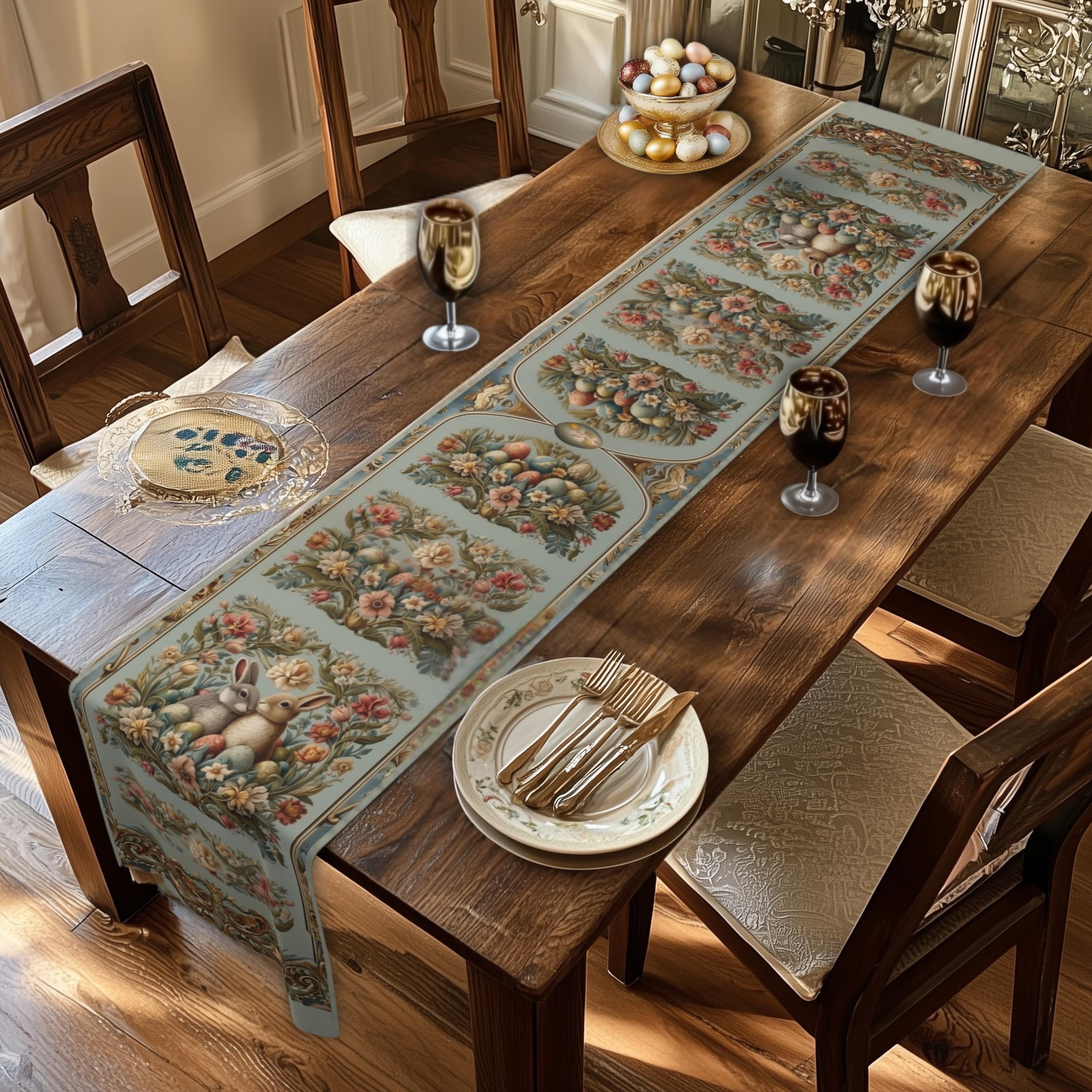 Victorian Easter Table Runner: Floral Vintage Style Rabbits and Fancy Eggs