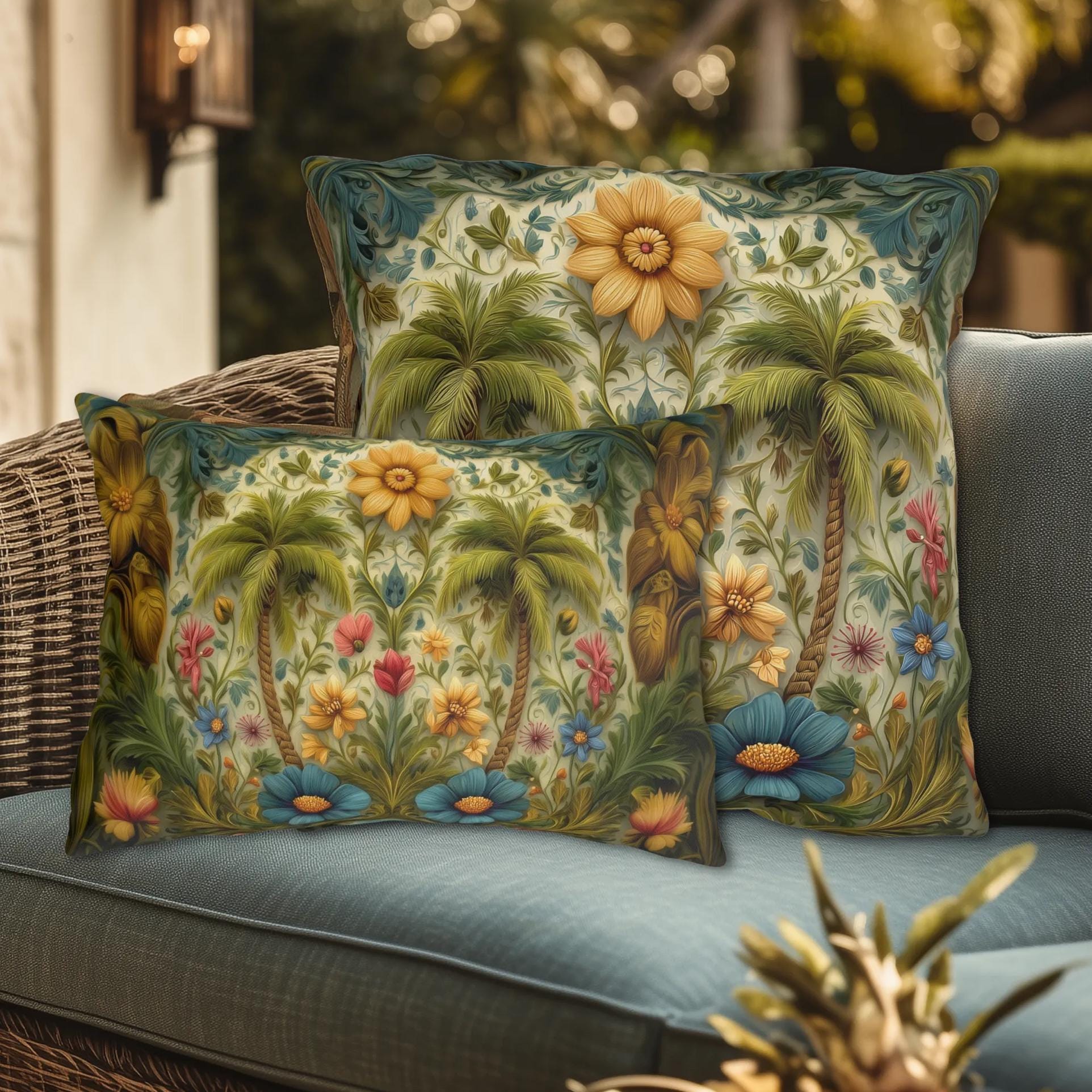 William Morris Inspired Outdoor Pillow: Tropical Palm Tree Coastal Botanical Cushion