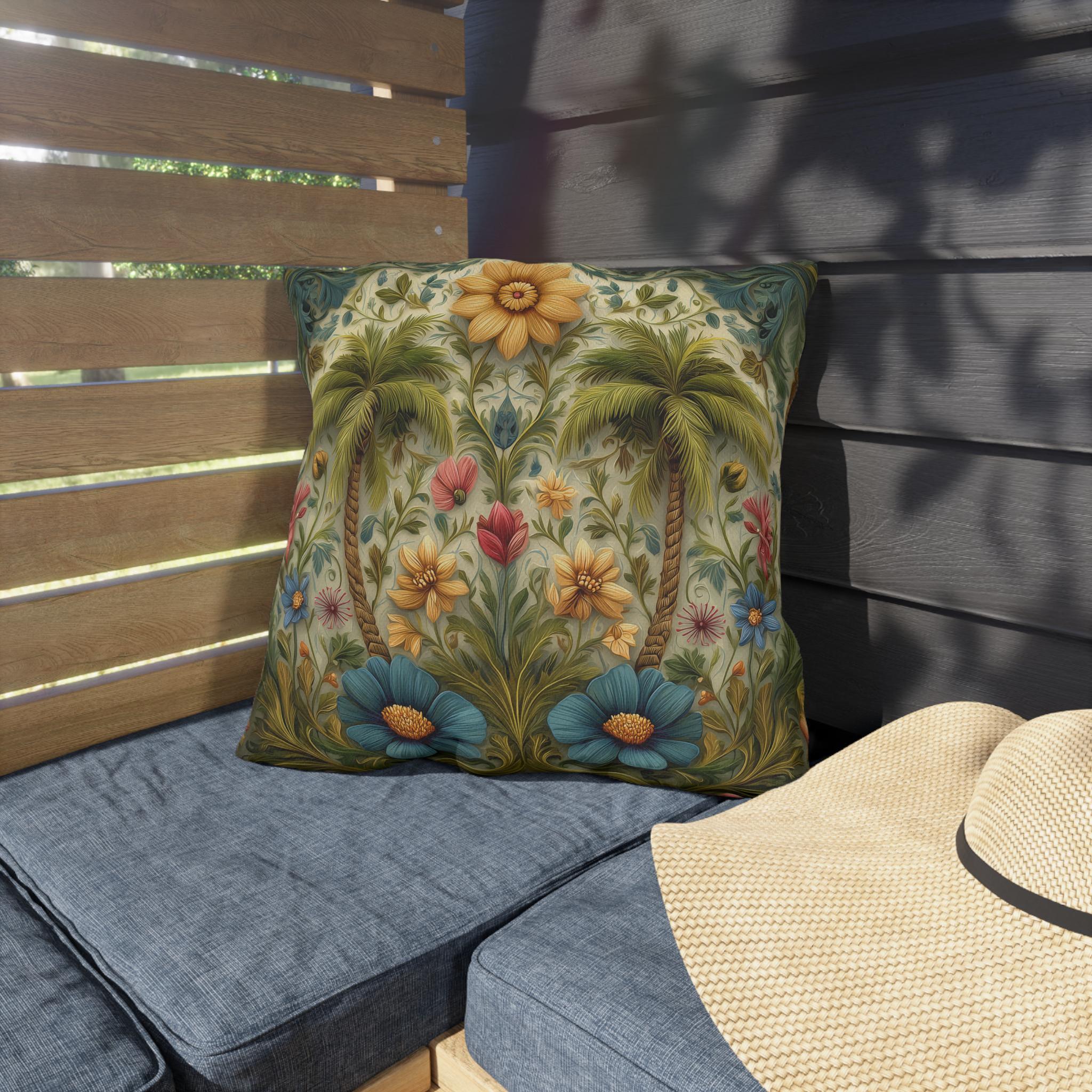 William Morris Inspired Outdoor Pillow: Tropical Palm Tree Coastal Botanical Cushion
