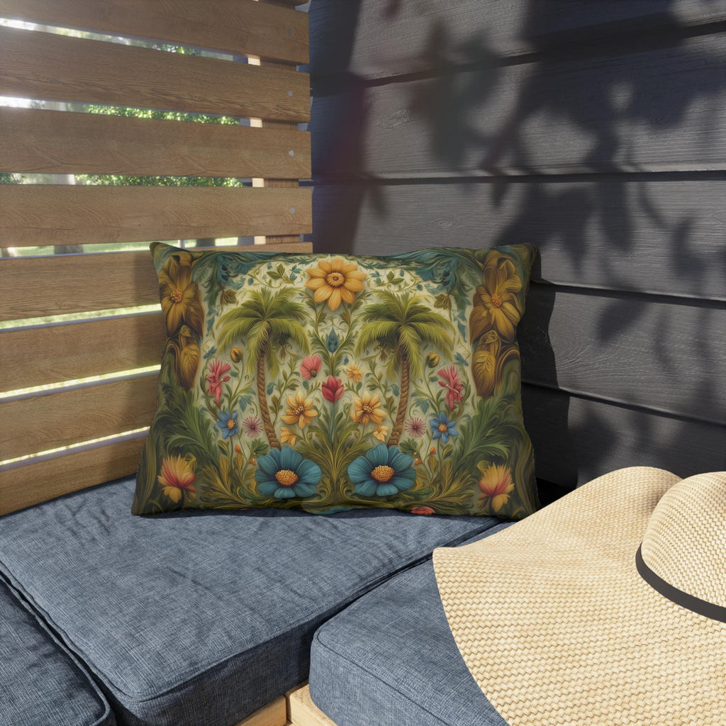 William Morris Inspired Outdoor Pillow: Tropical Palm Tree Coastal Botanical Cushion
