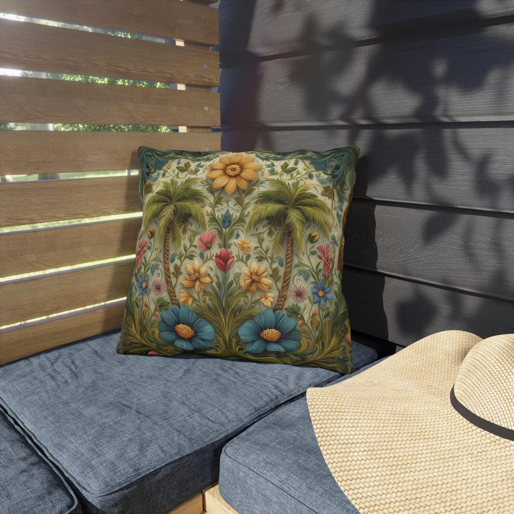 William Morris Inspired Outdoor Pillow: Tropical Palm Tree Coastal Botanical Cushion