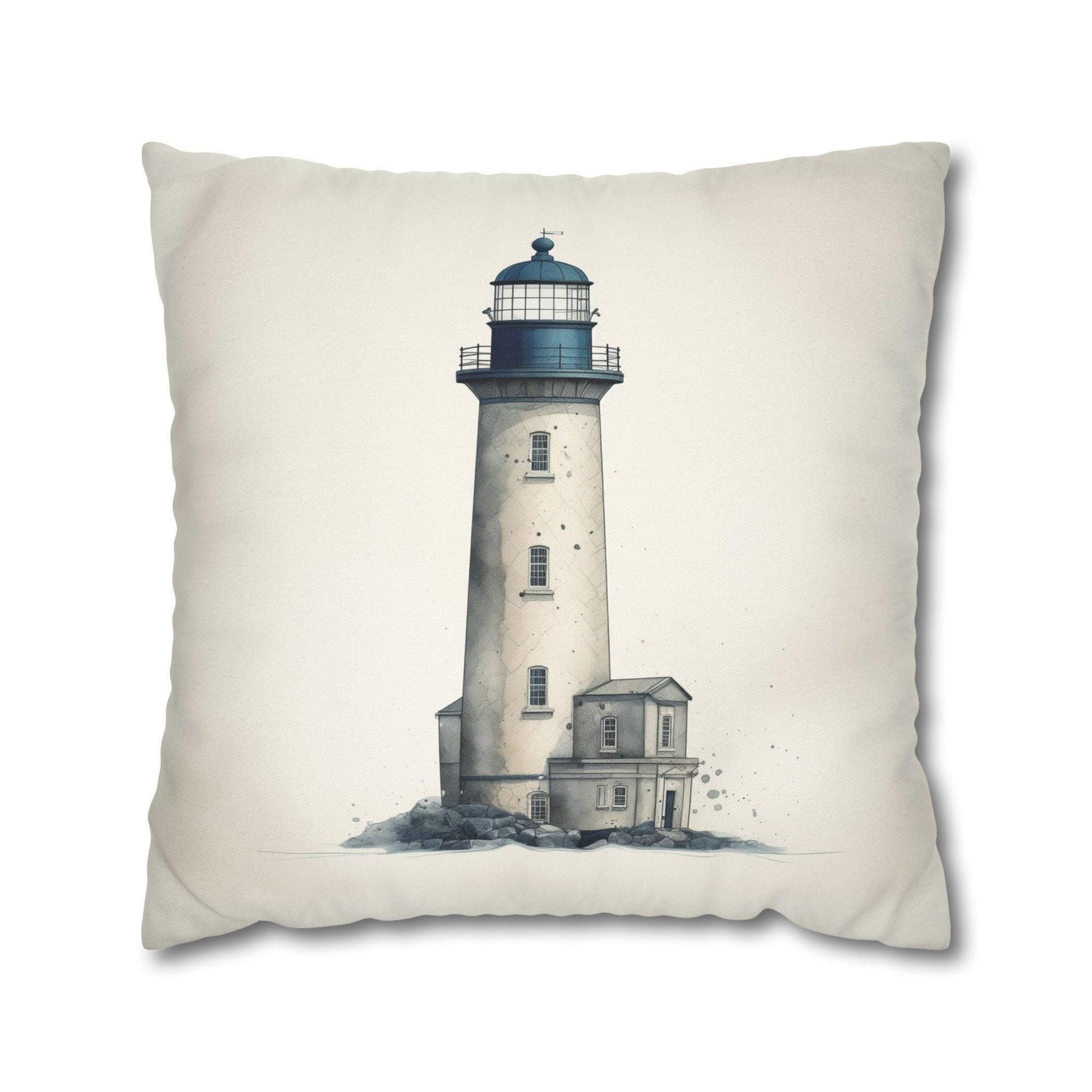 Rustic Nautical Lighthouse Throw Pillow Cover - Navy Blue & Grey Coastal Beach House Decor