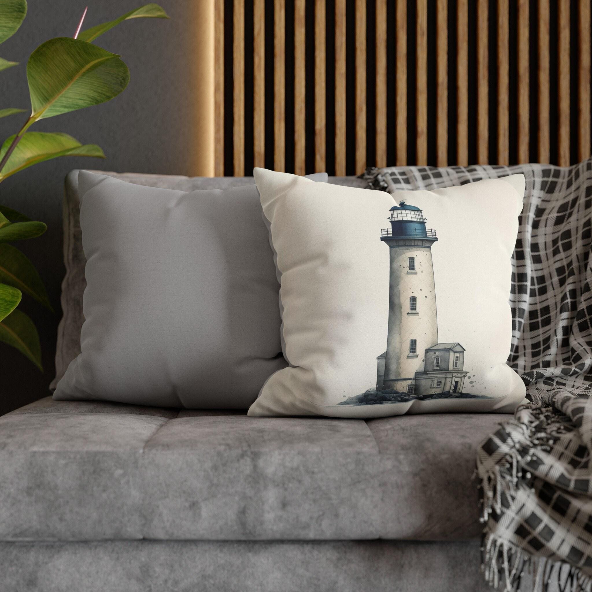Rustic Nautical Lighthouse Throw Pillow Cover - Navy Blue & Grey Coastal Beach House Decor