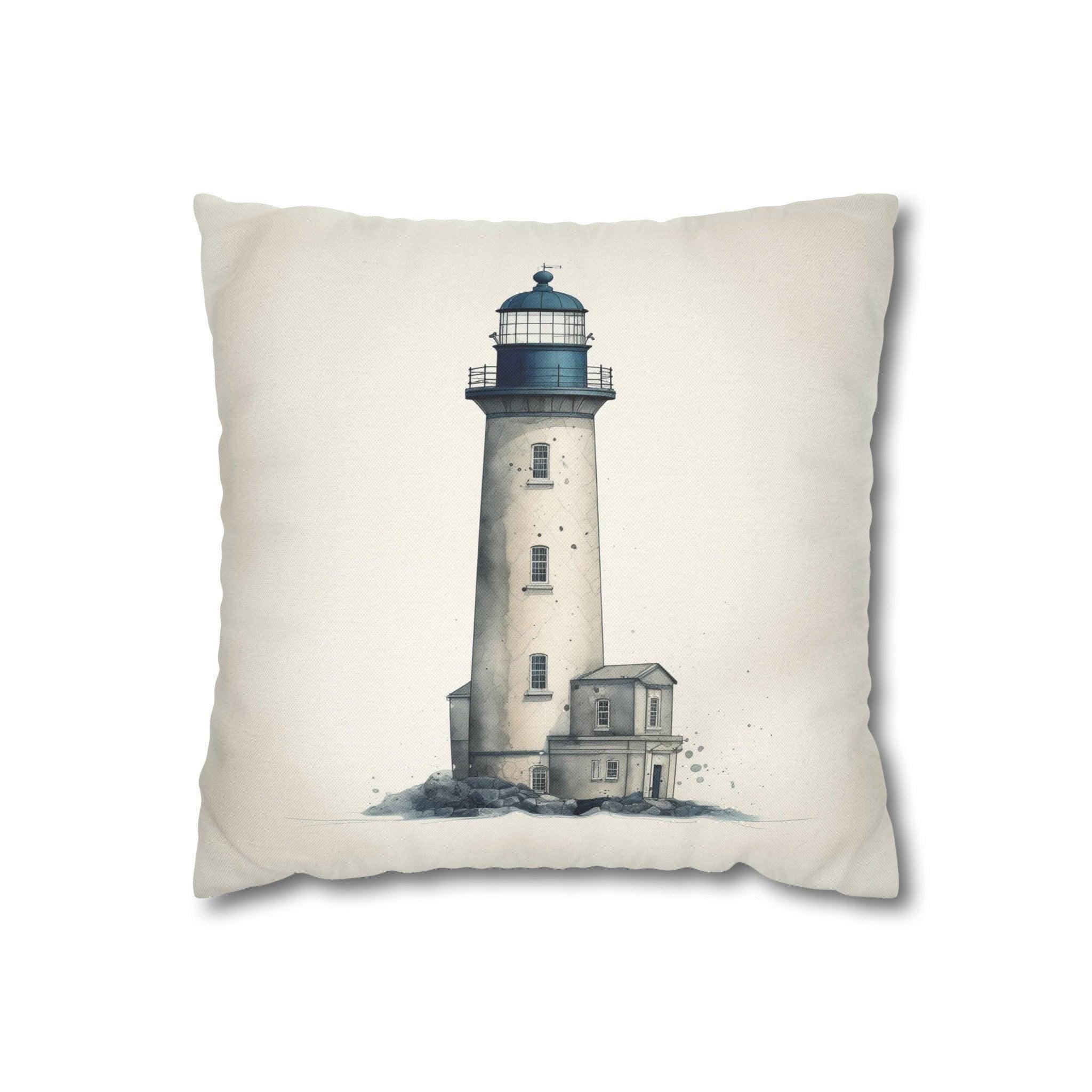 Rustic Nautical Lighthouse Throw Pillow Cover - Navy Blue & Grey Coastal Beach House Decor