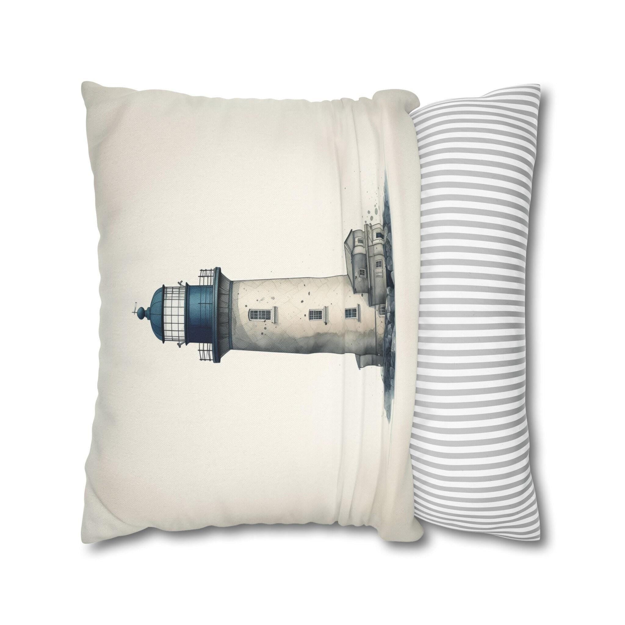 Rustic Nautical Lighthouse Throw Pillow Cover - Navy Blue & Grey Coastal Beach House Decor