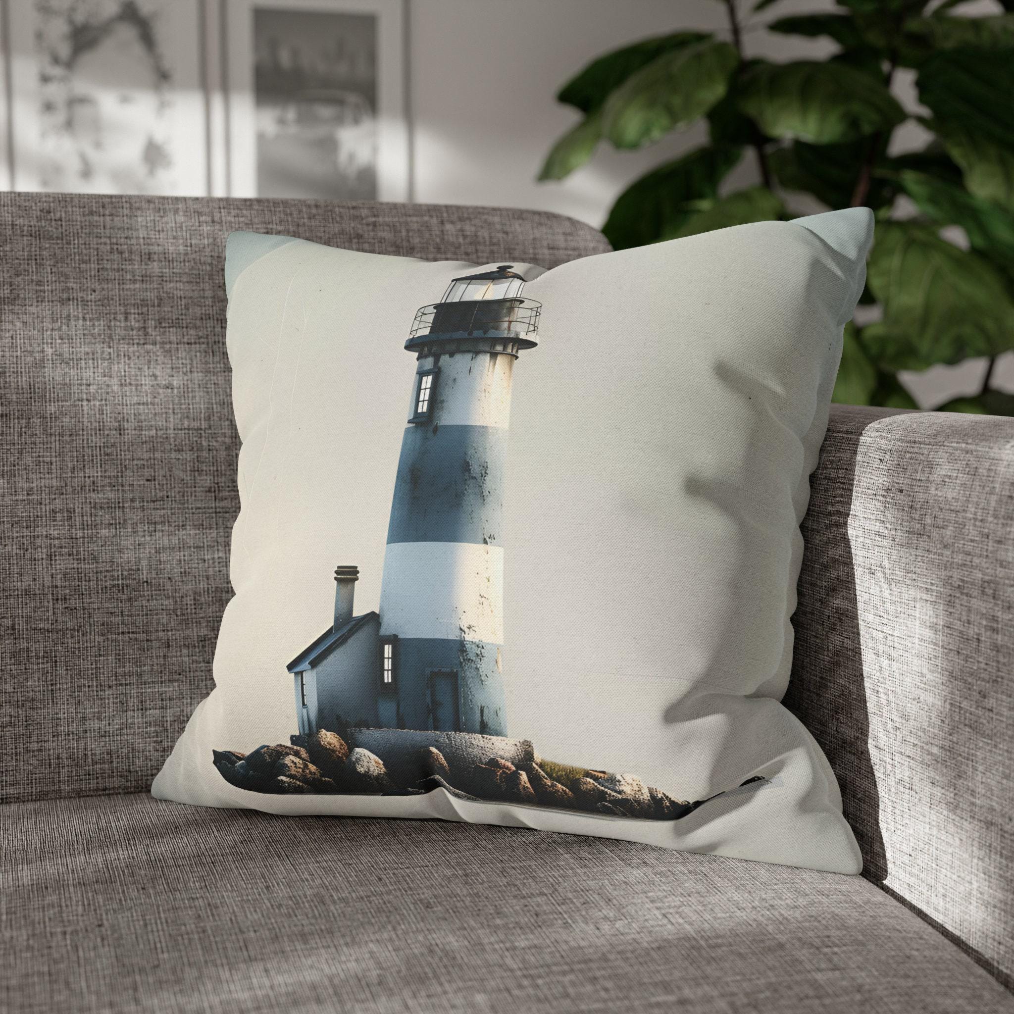 Coastal Lighthouse Pillow Cover: Blue & White Weathered Design for Beach House Decor