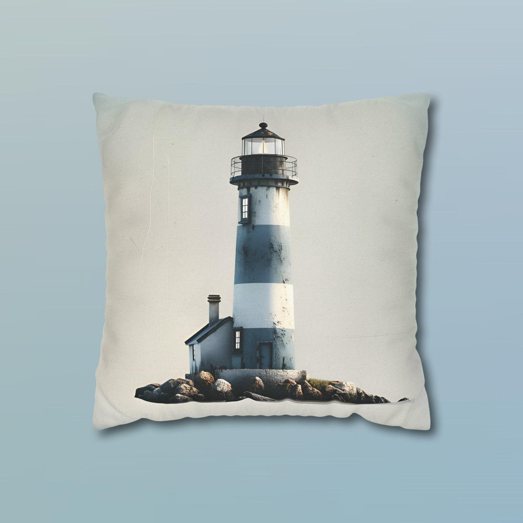 Coastal Lighthouse Pillow Cover: Blue & White Weathered Design for Beach House Decor