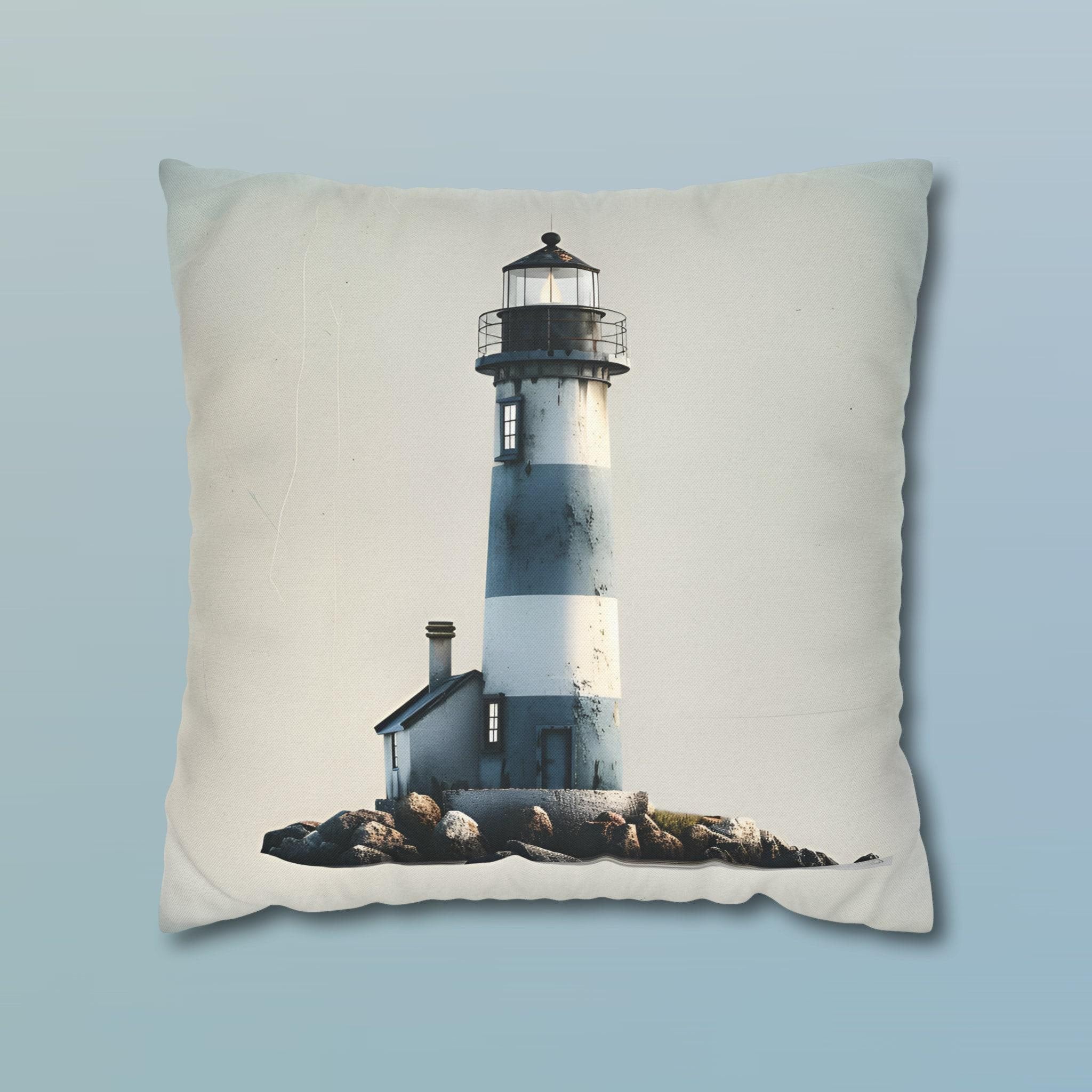 Coastal Lighthouse Pillow Cover: Blue & White Weathered Design for Beach House Decor