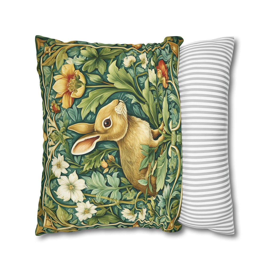 William Morris Inspired Rabbit Garden Pillow Cover: Arts and Crafts Floral Bunny Cushion Design