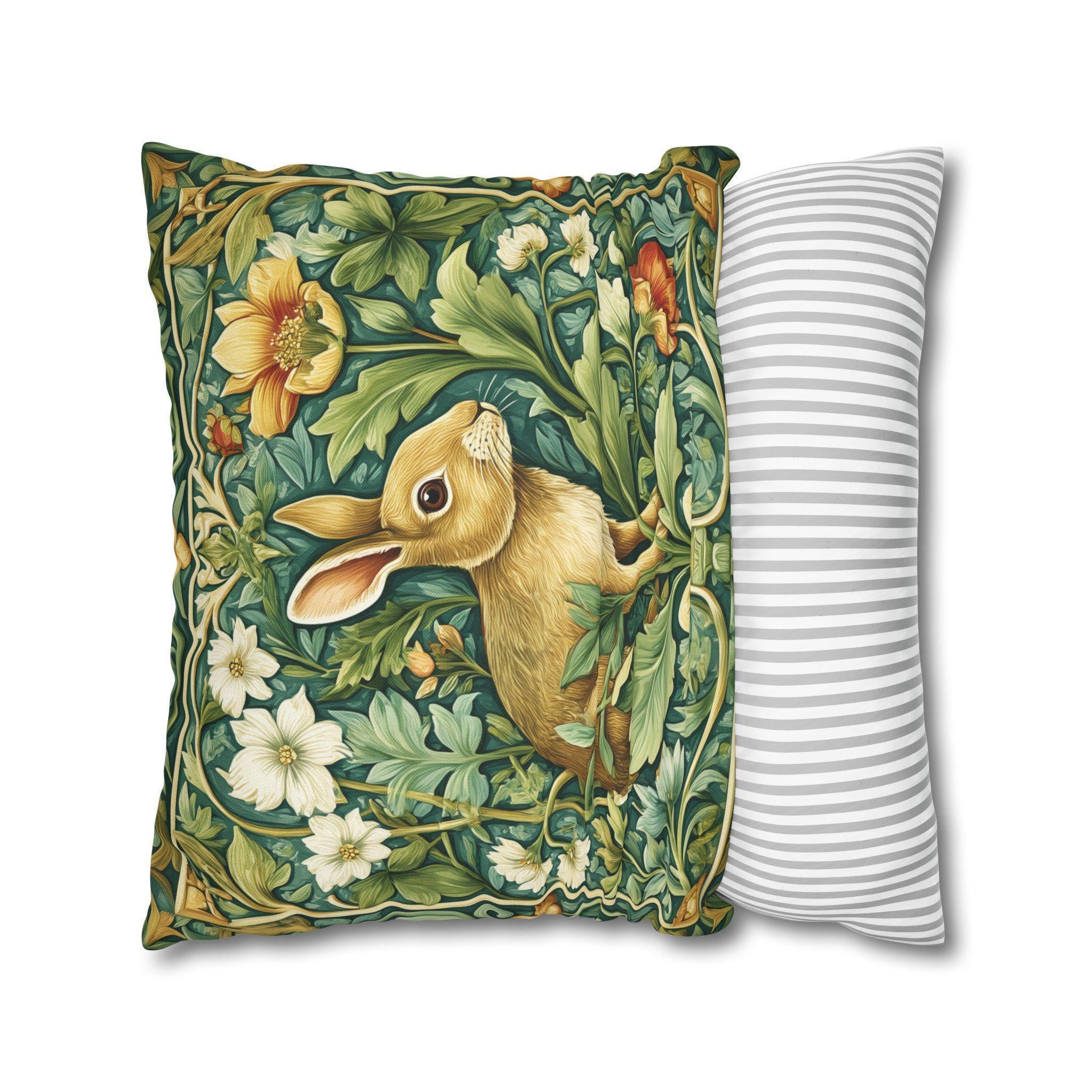 William Morris Inspired Rabbit Garden Pillow Cover: Arts and Crafts Floral Bunny Cushion Design