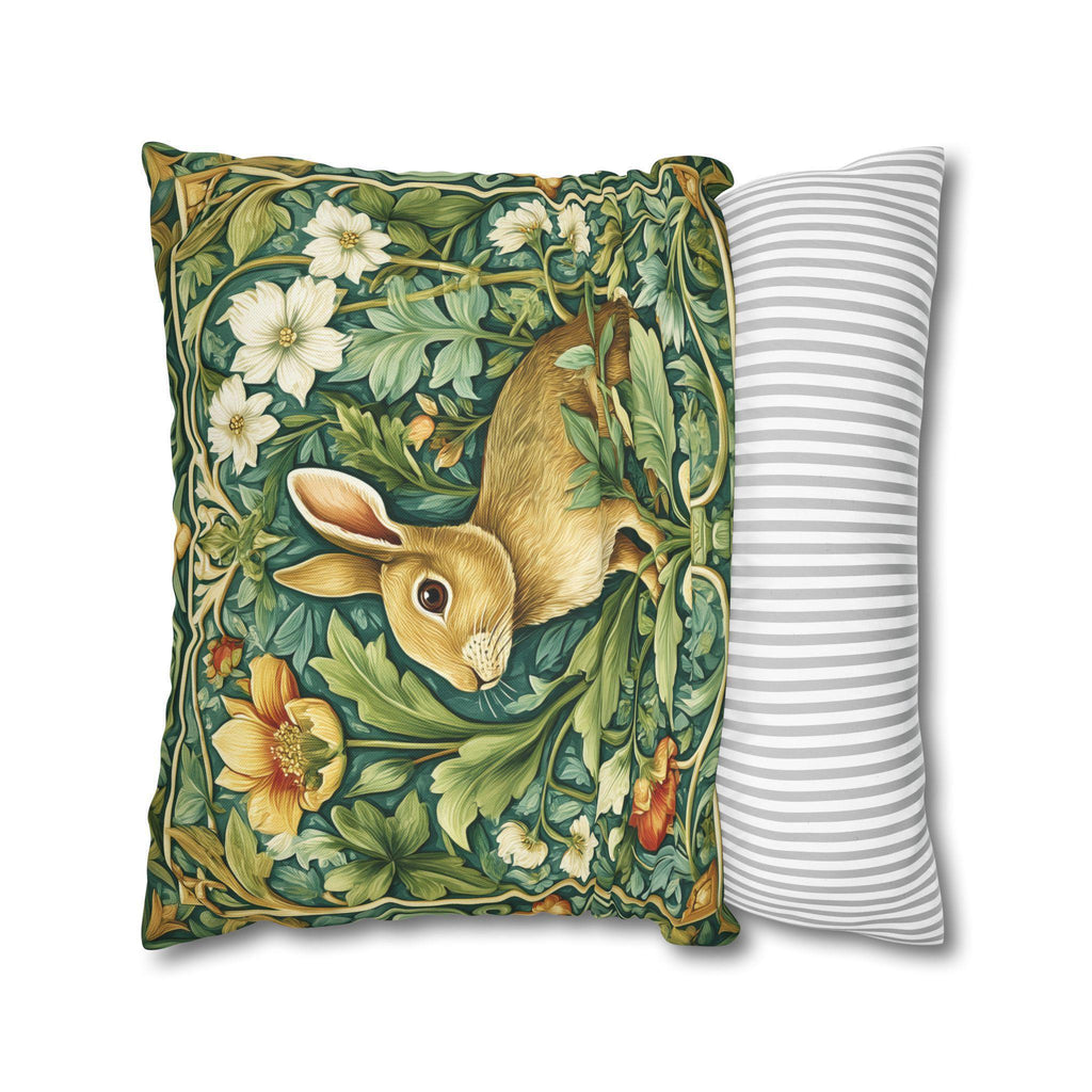 William Morris Inspired Rabbit Garden Pillow Cover: Arts and Crafts Floral Bunny Cushion Design