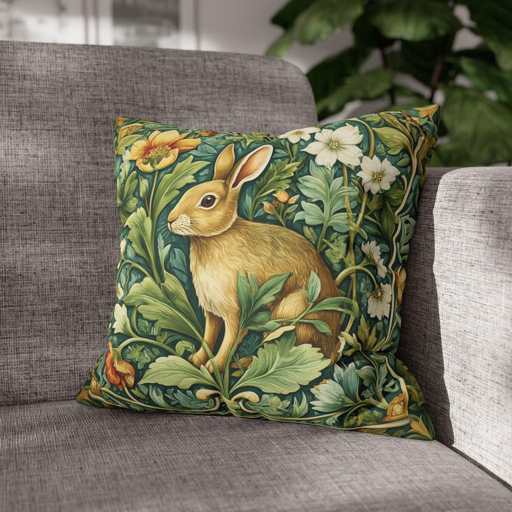 William Morris Inspired Rabbit Garden Pillow Cover: Arts and Crafts Floral Bunny Cushion Design