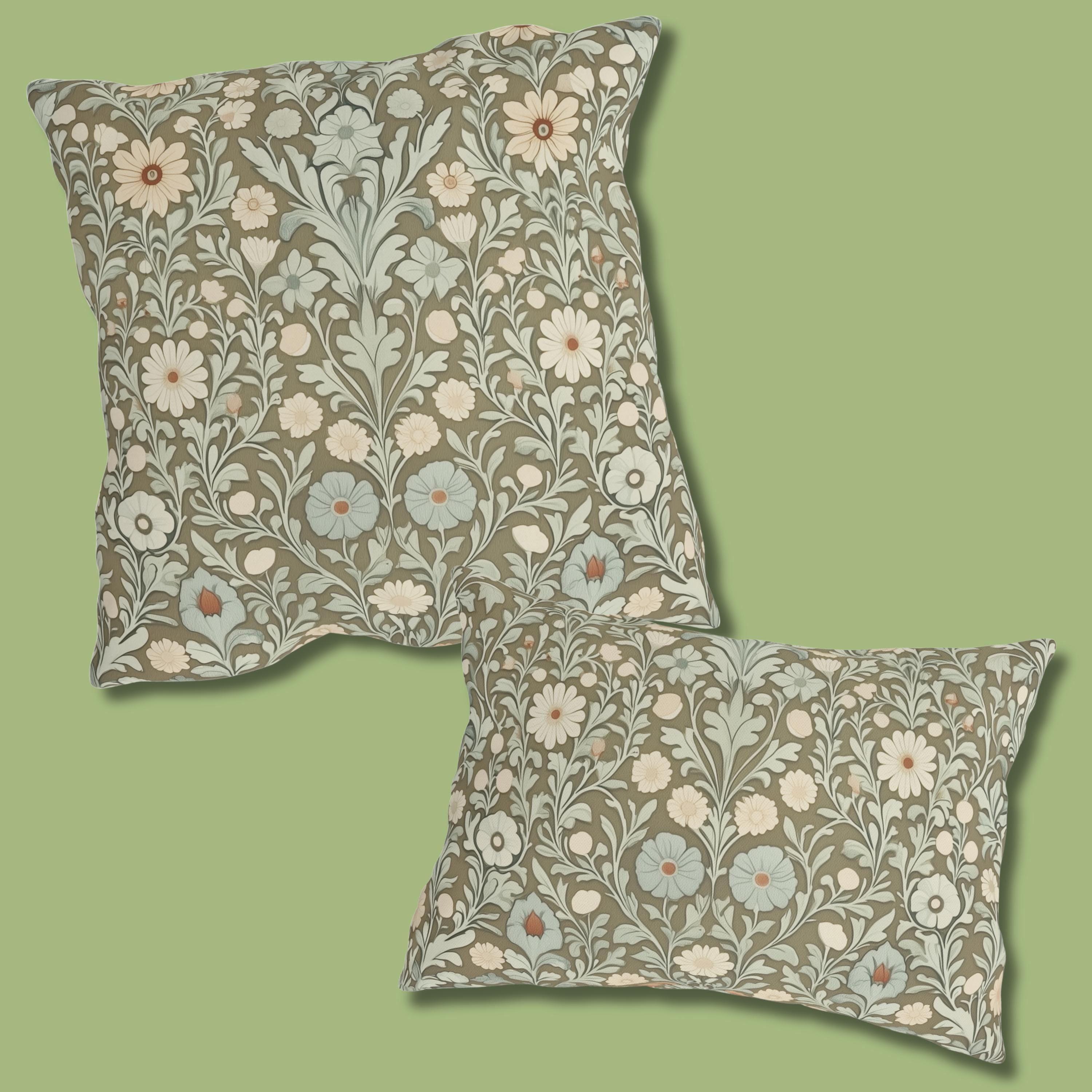 William Morris Inspired Botanical Outdoor Pillow: Sage, Cream & Peach Floral Pattern