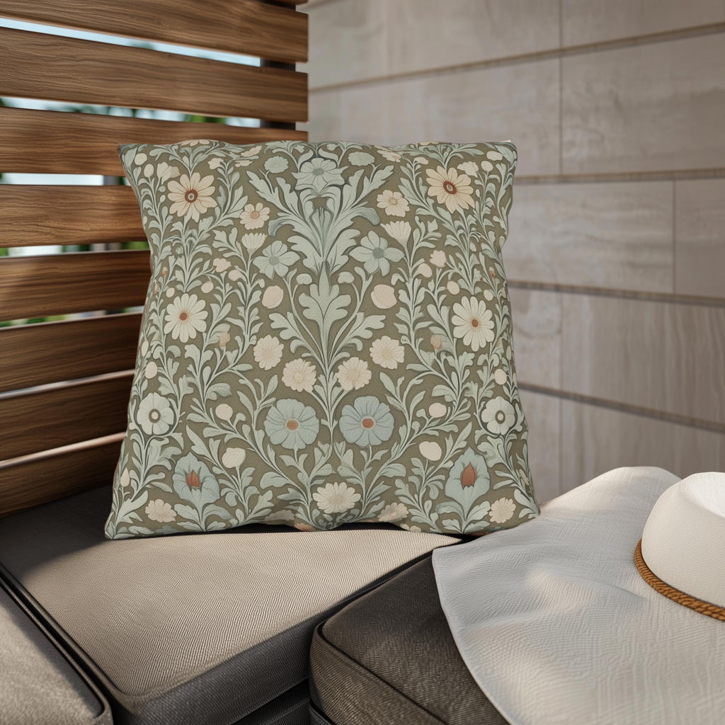 William Morris Inspired Botanical Outdoor Pillow: Sage, Cream & Peach Floral Pattern