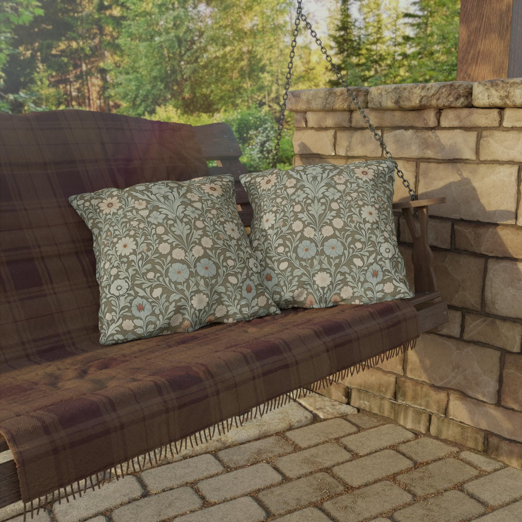 William Morris Inspired Botanical Outdoor Pillow: Sage, Cream & Peach Floral Pattern