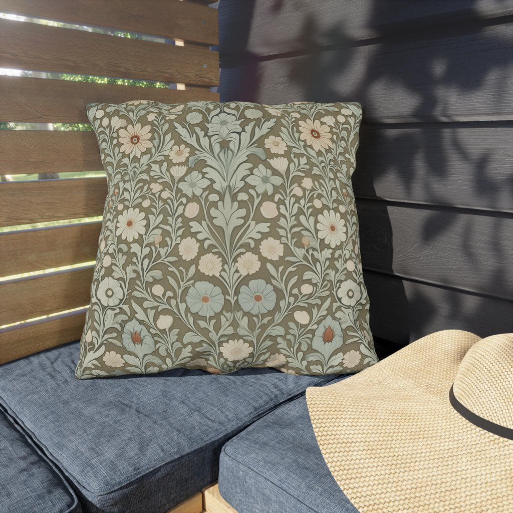 William Morris Inspired Botanical Outdoor Pillow: Sage, Cream & Peach Floral Pattern