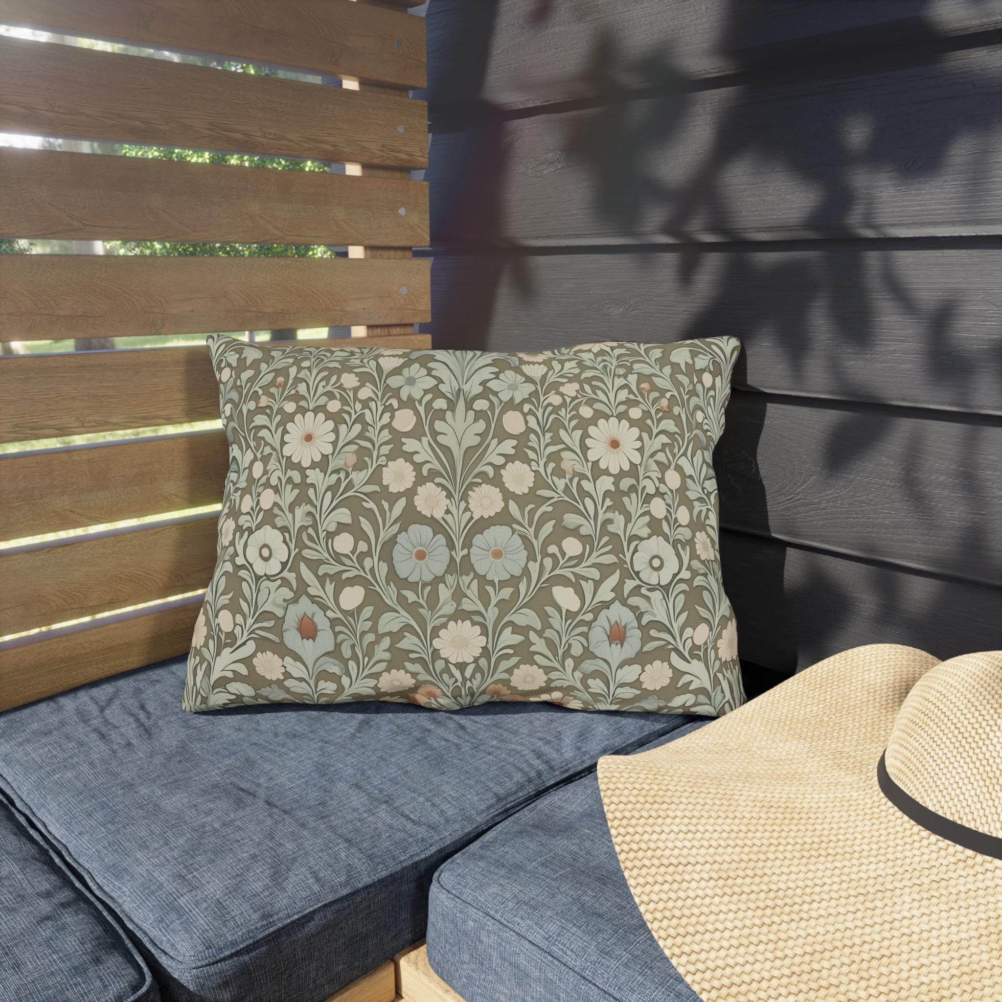 William Morris Inspired Botanical Outdoor Pillow: Sage, Cream & Peach Floral Pattern