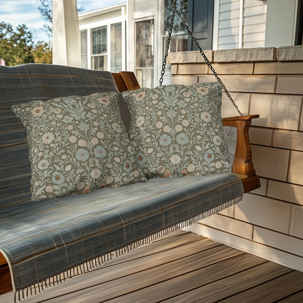William Morris Inspired Botanical Outdoor Pillow: Sage, Cream & Peach Floral Pattern