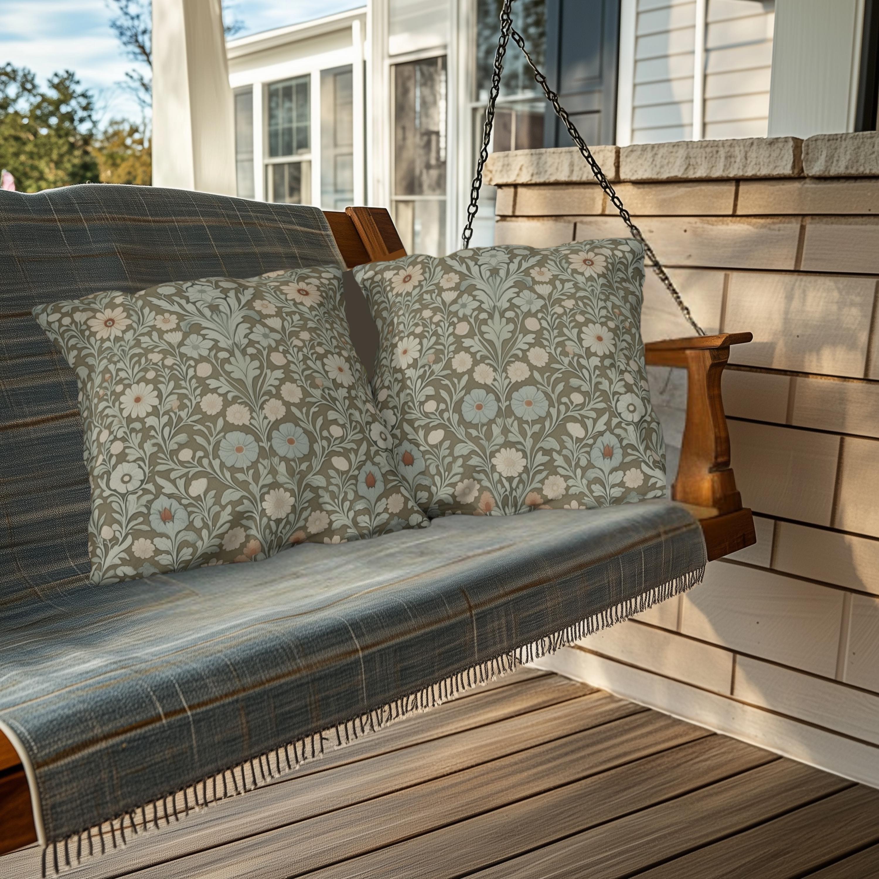 William Morris Inspired Botanical Outdoor Pillow: Sage, Cream & Peach Floral Pattern