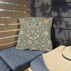 William Morris Inspired Botanical Outdoor Pillow: Sage, Cream & Peach Floral Pattern