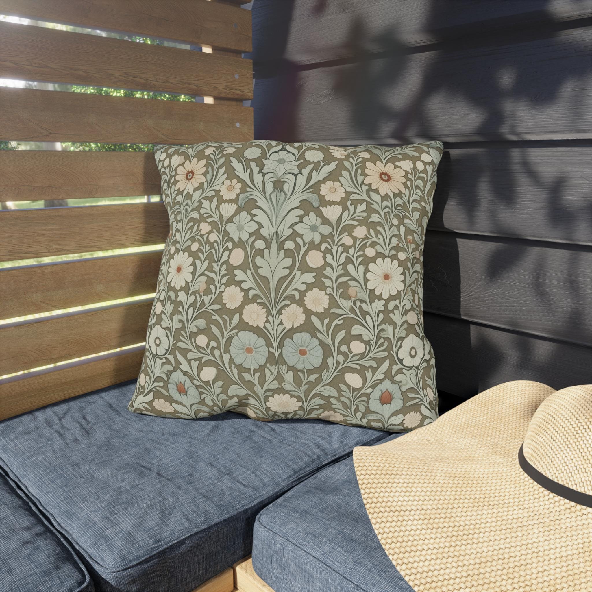William Morris Inspired Botanical Outdoor Pillow: Sage, Cream & Peach Floral Pattern