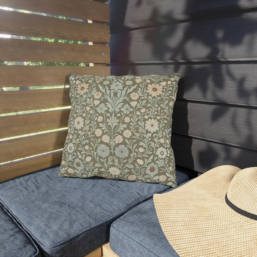 William Morris Inspired Botanical Outdoor Pillow: Sage, Cream & Peach Floral Pattern