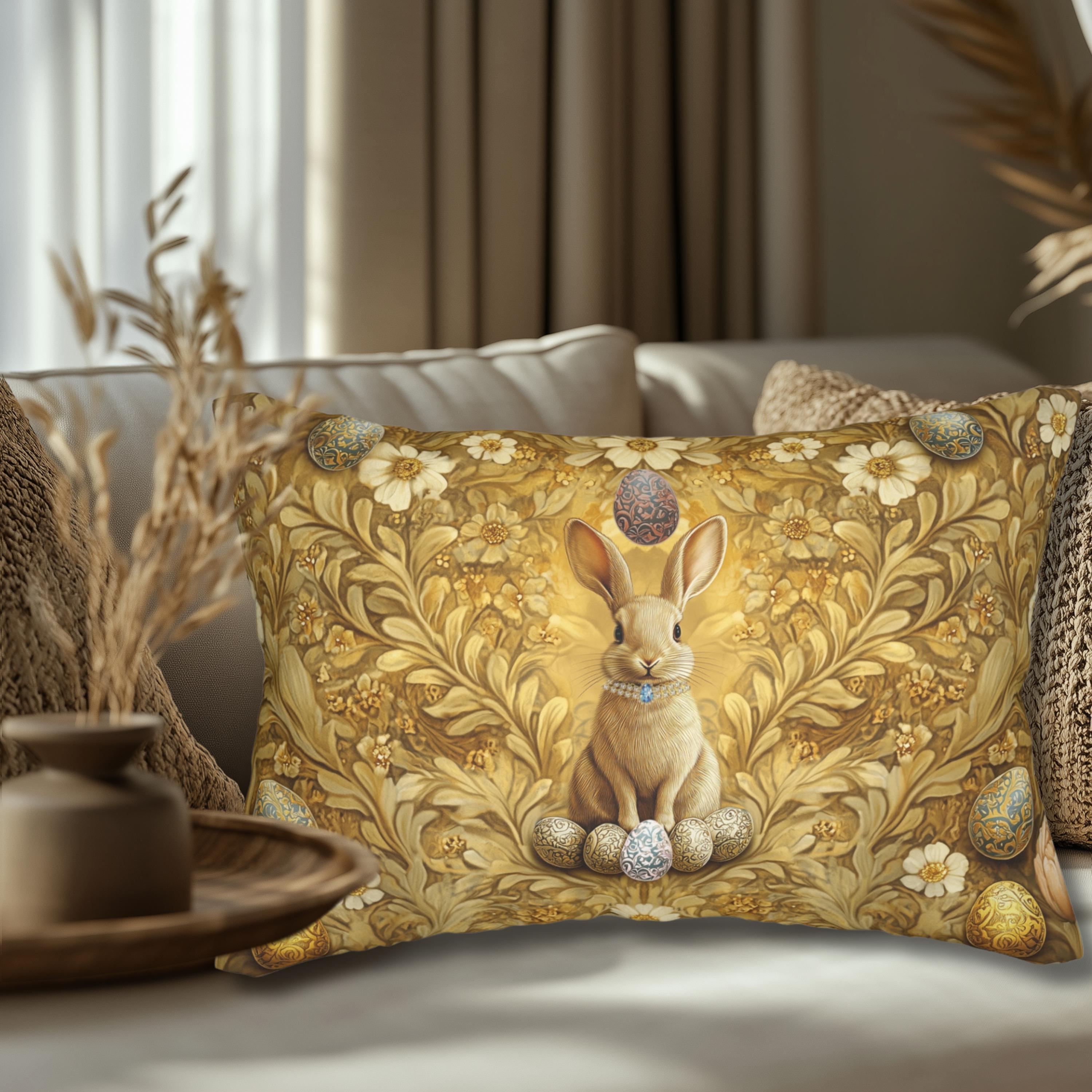 Elegant Easter Rabbit Lumbar Pillow: William Morris Inspired Botanical Art for Luxurious Spring Decor