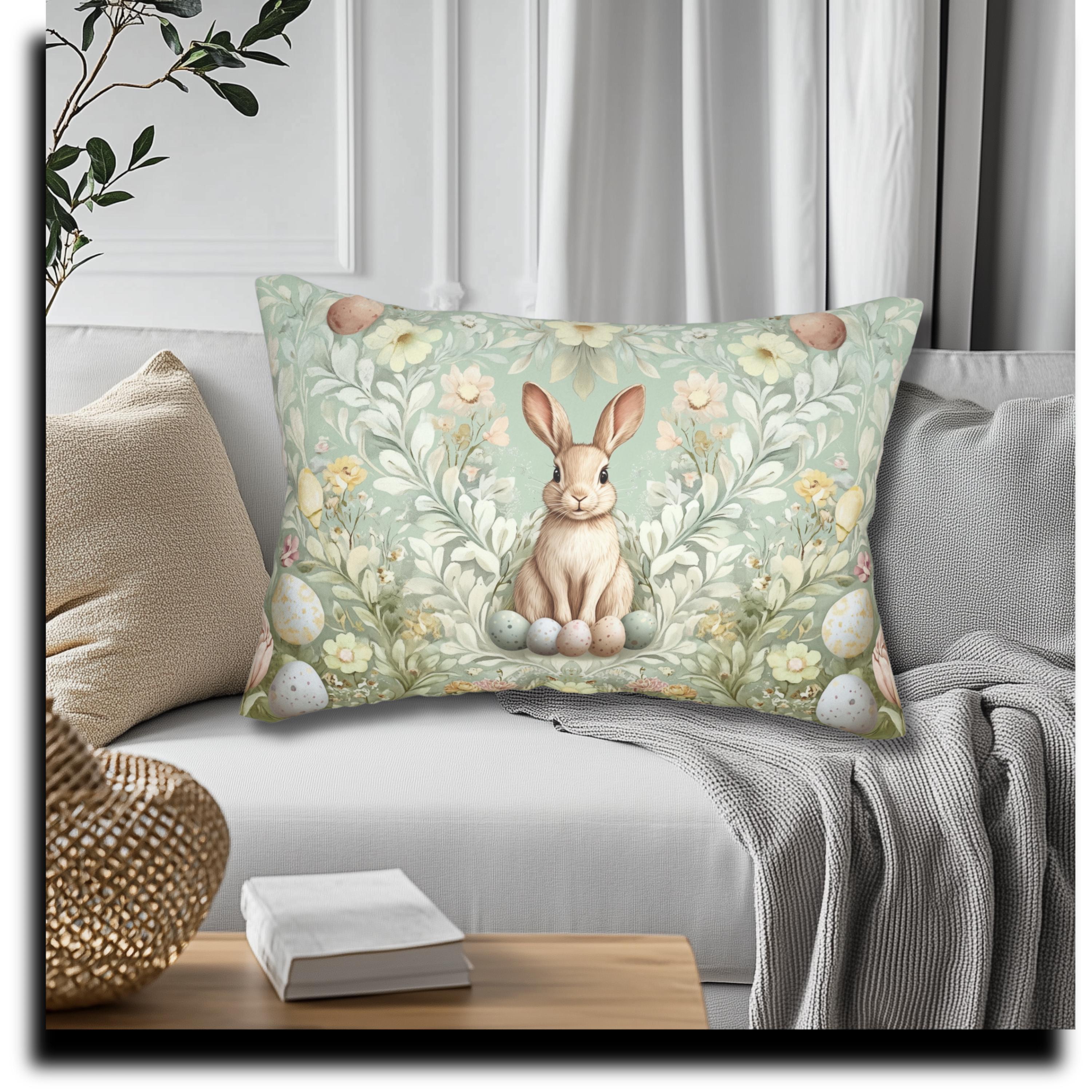 Vintage-Inspired Easter Bunny Lumbar Pillow: William Morris Floral Botanical Art for Spring Decor