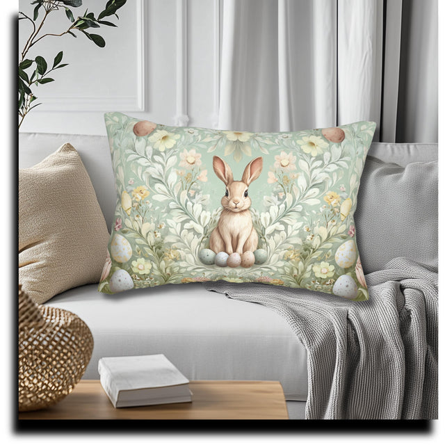 Vintage-Inspired Easter Bunny Lumbar Pillow: William Morris Floral Botanical Art for Spring Decor