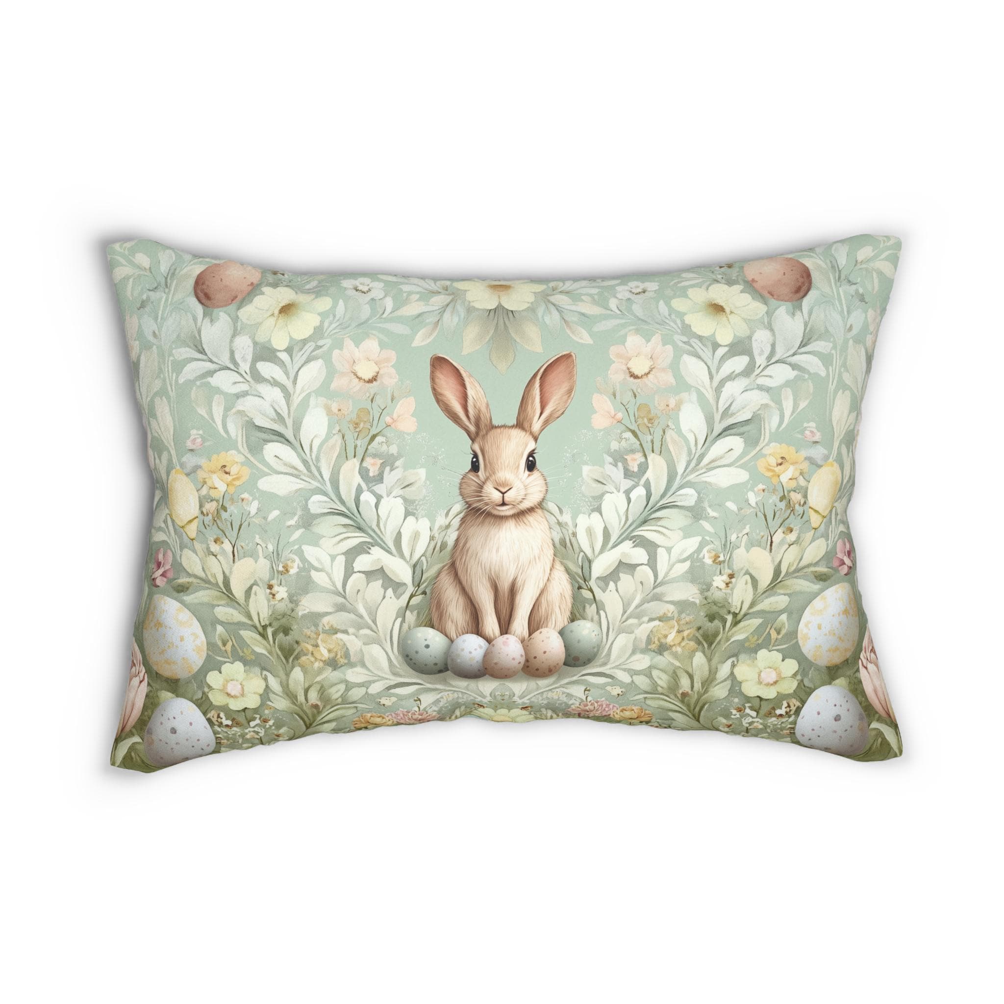 Vintage-Inspired Easter Bunny Lumbar Pillow: William Morris Floral Botanical Art for Spring Decor