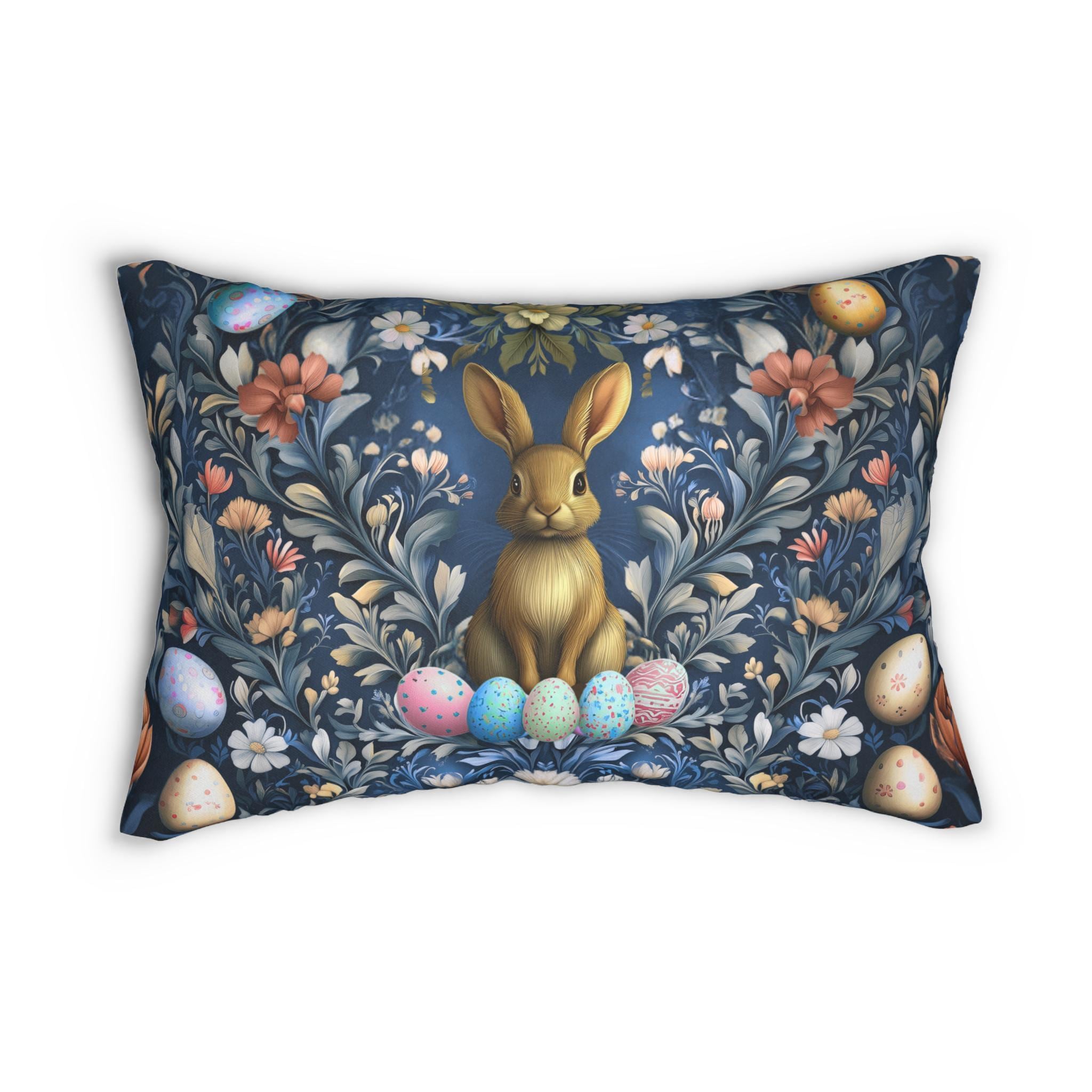 Easter Botanical Lumbar Pillow: William Morris Inspired Vintage Rabbit & Floral Art for Spring Decor