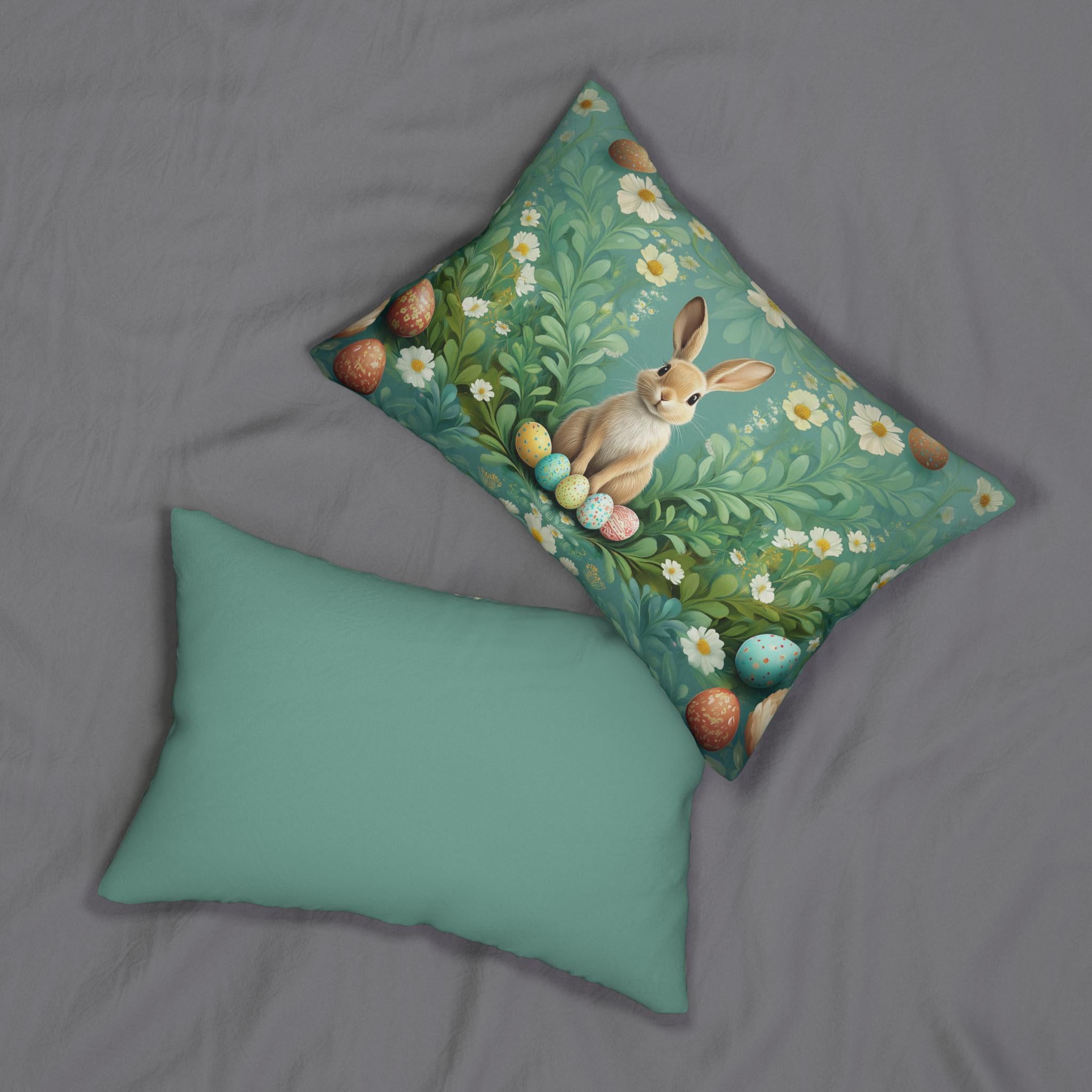 Easter Botanical Lumbar Pillow: William Morris Inspired Rabbit & Floral Art, Vintage Teal Spring Decor