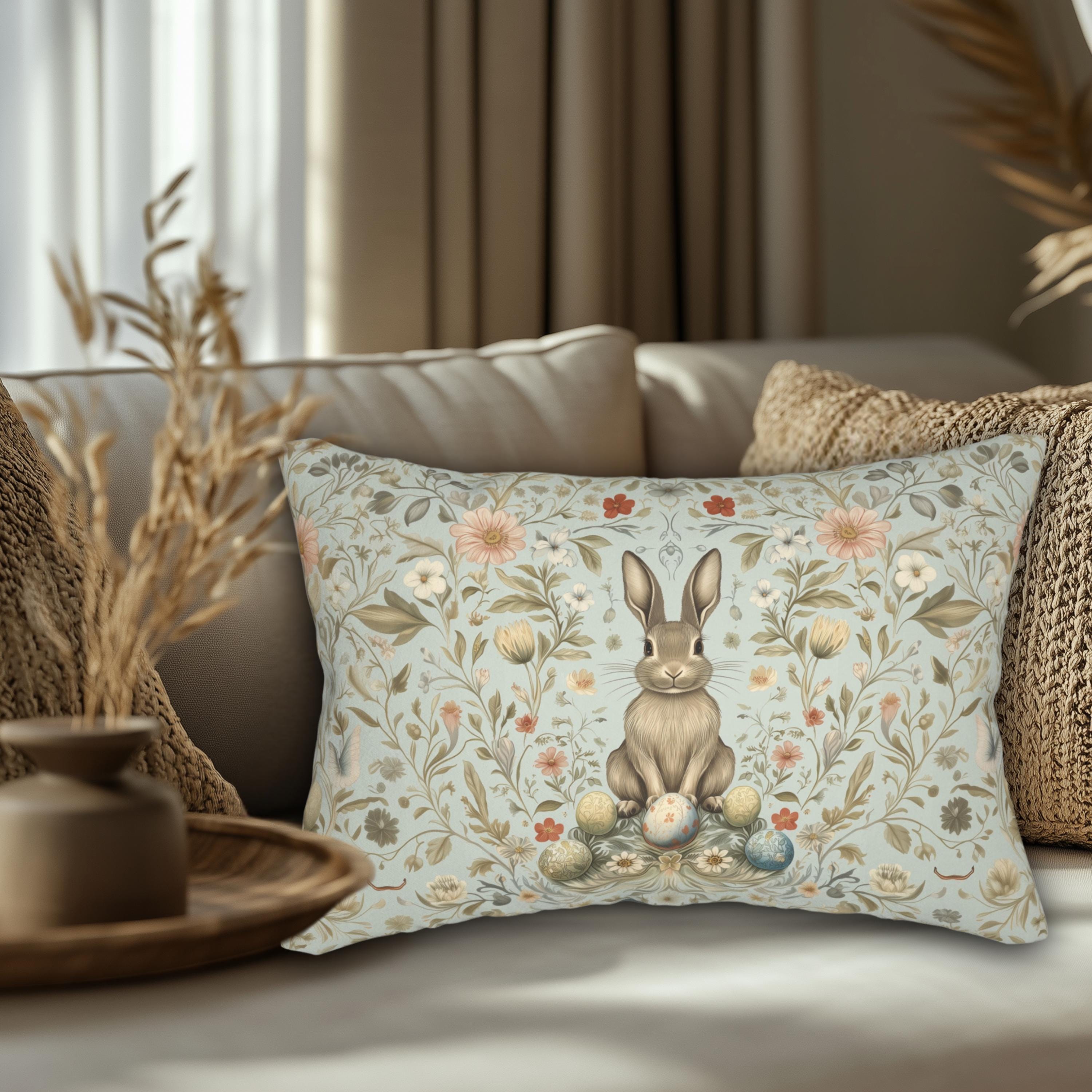 Vintage-Inspired Easter Bunny Lumbar Pillow: William Morris Floral Botanical Art in Pastel Blue