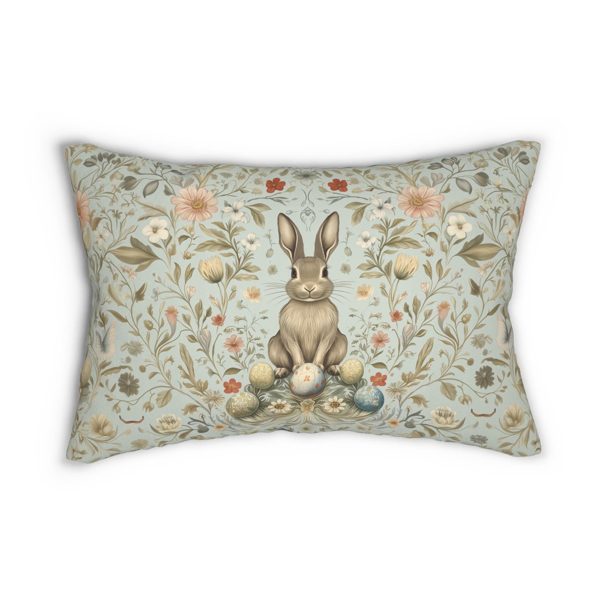 Vintage-Inspired Easter Bunny Lumbar Pillow: William Morris Floral Botanical Art in Pastel Blue