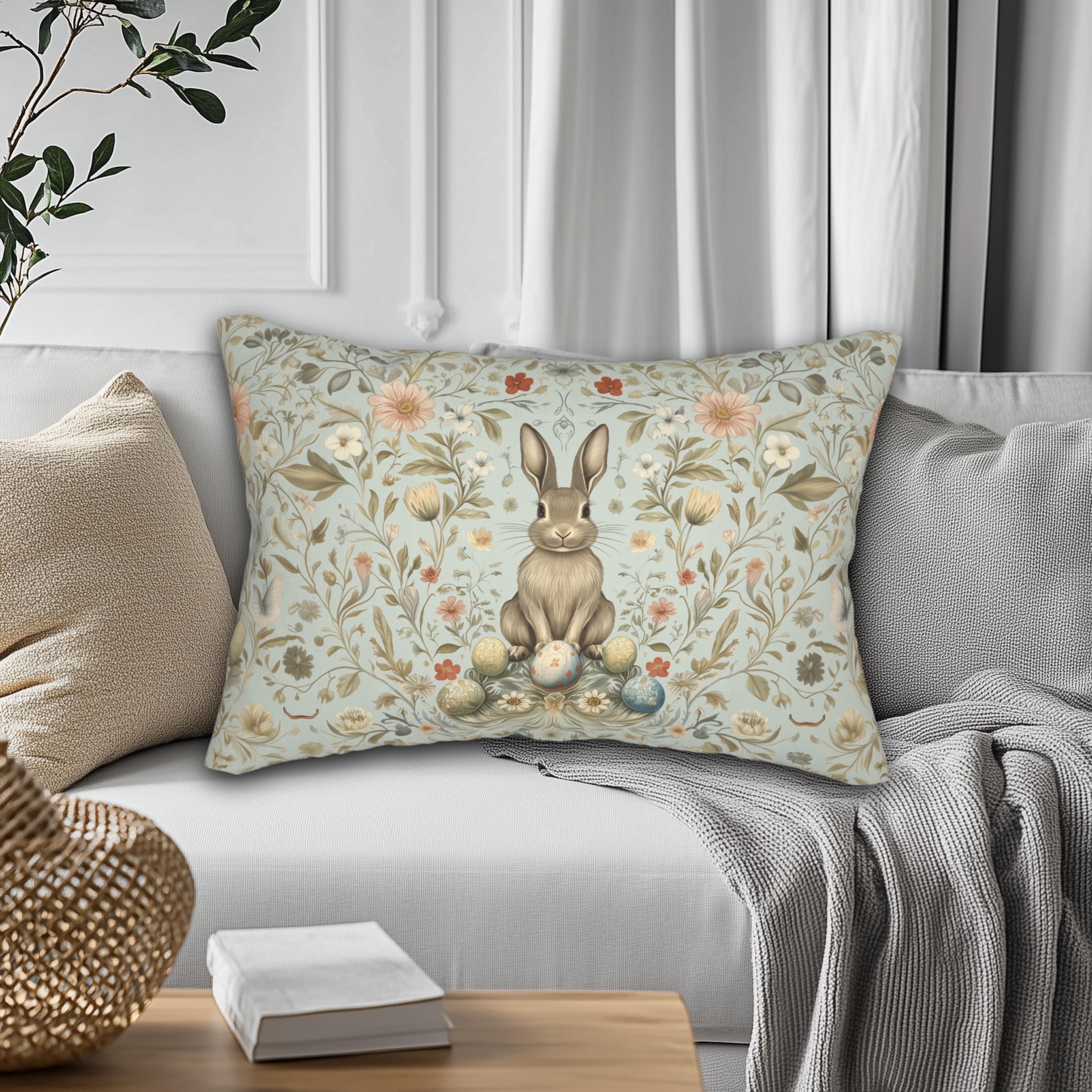 Vintage-Inspired Easter Bunny Lumbar Pillow: William Morris Floral Botanical Art in Pastel Blue