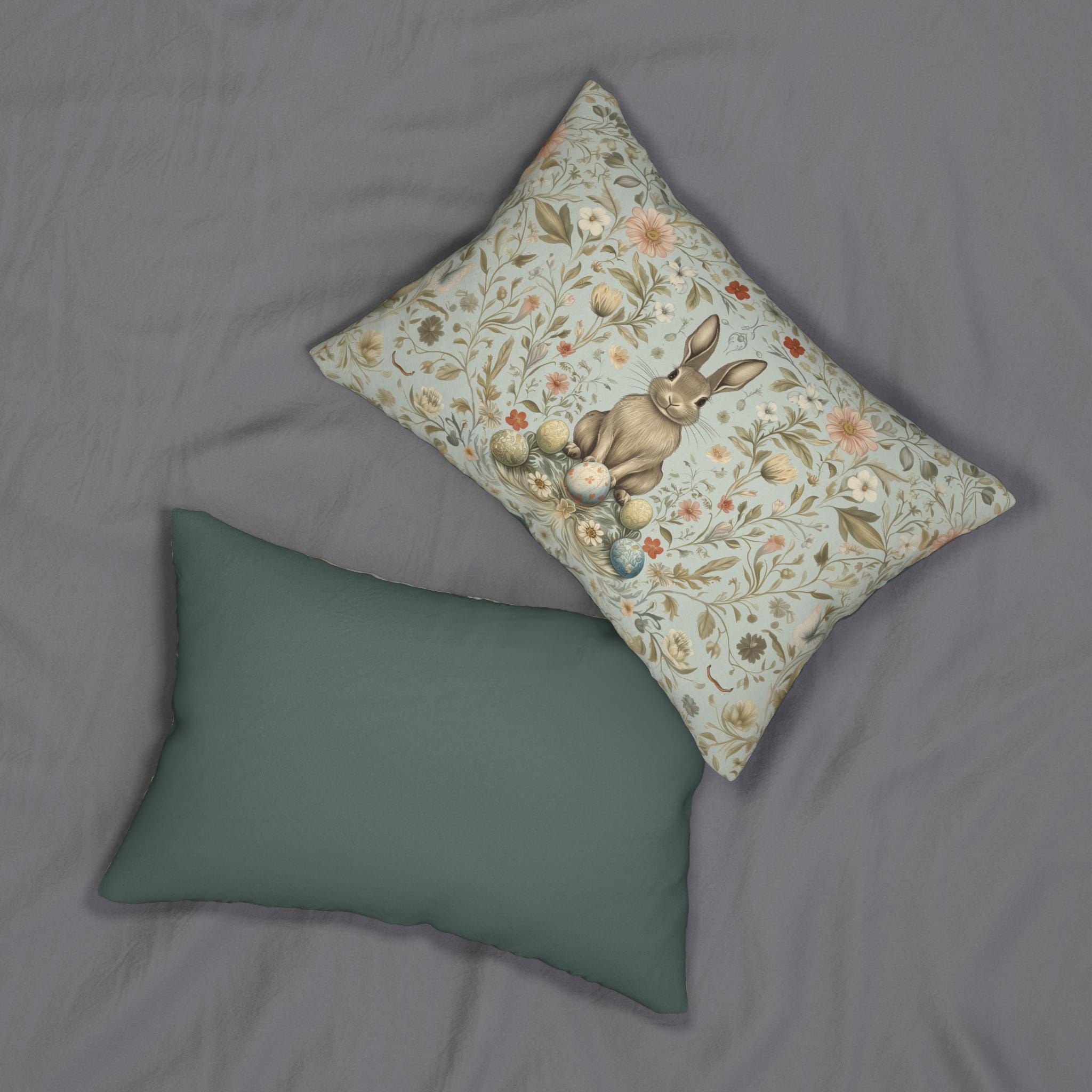 Vintage-Inspired Easter Bunny Lumbar Pillow: William Morris Floral Botanical Art in Pastel Blue