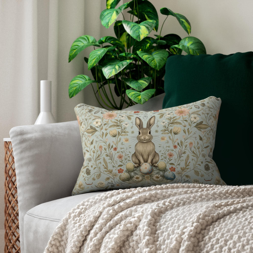 Vintage-Inspired Easter Bunny Lumbar Pillow: William Morris Floral Botanical Art in Pastel Blue