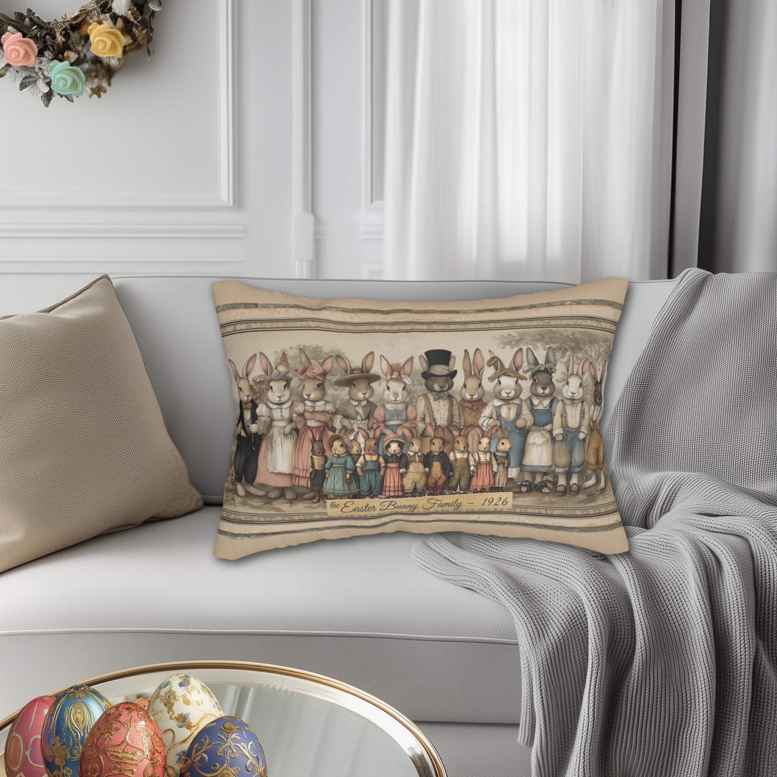 Easter Bunny Family Portrait Lumbar Pillow: Illustrated 1920s Vintage Style Spring Decor