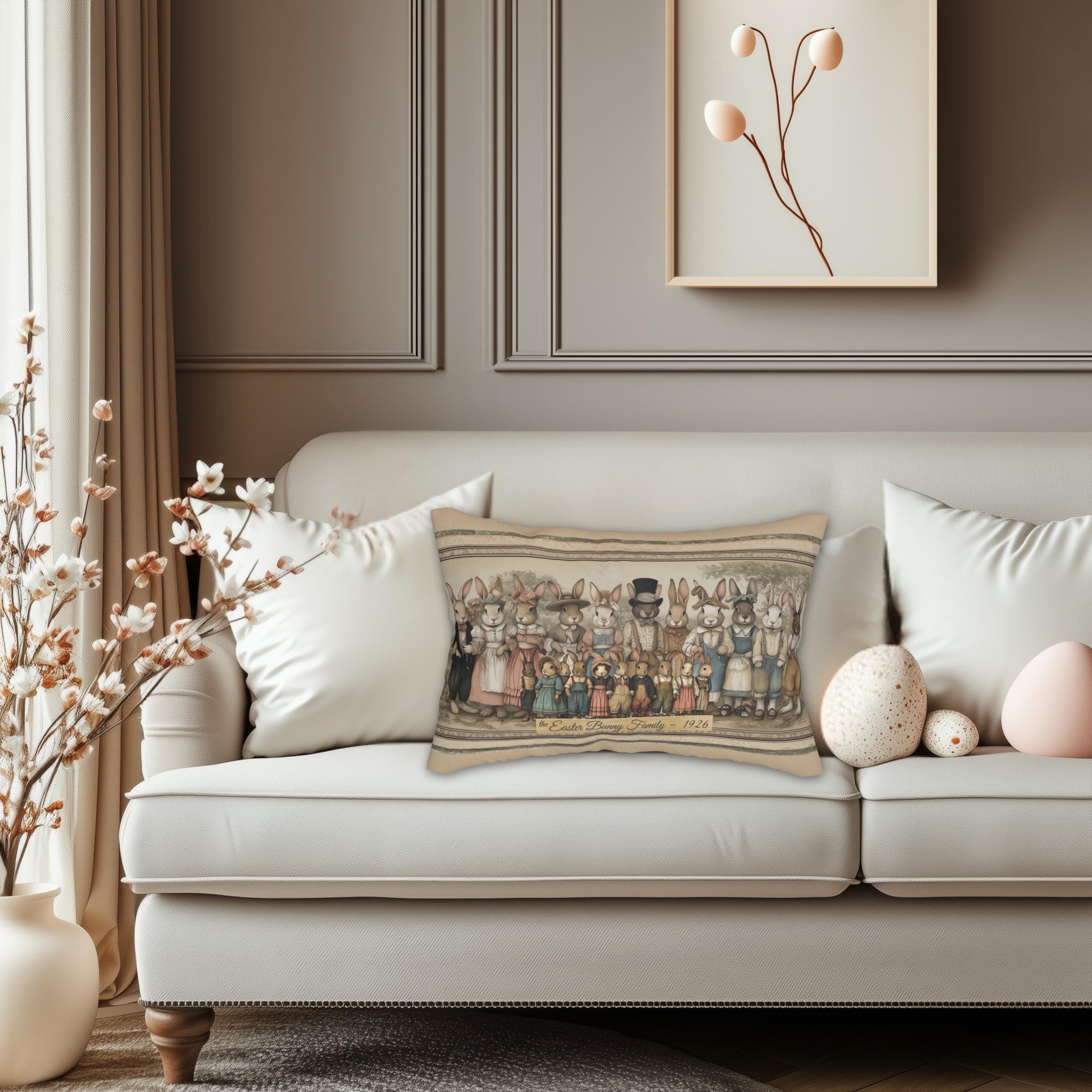 Easter Bunny Family Portrait Lumbar Pillow: Illustrated 1920s Vintage Style Spring Decor