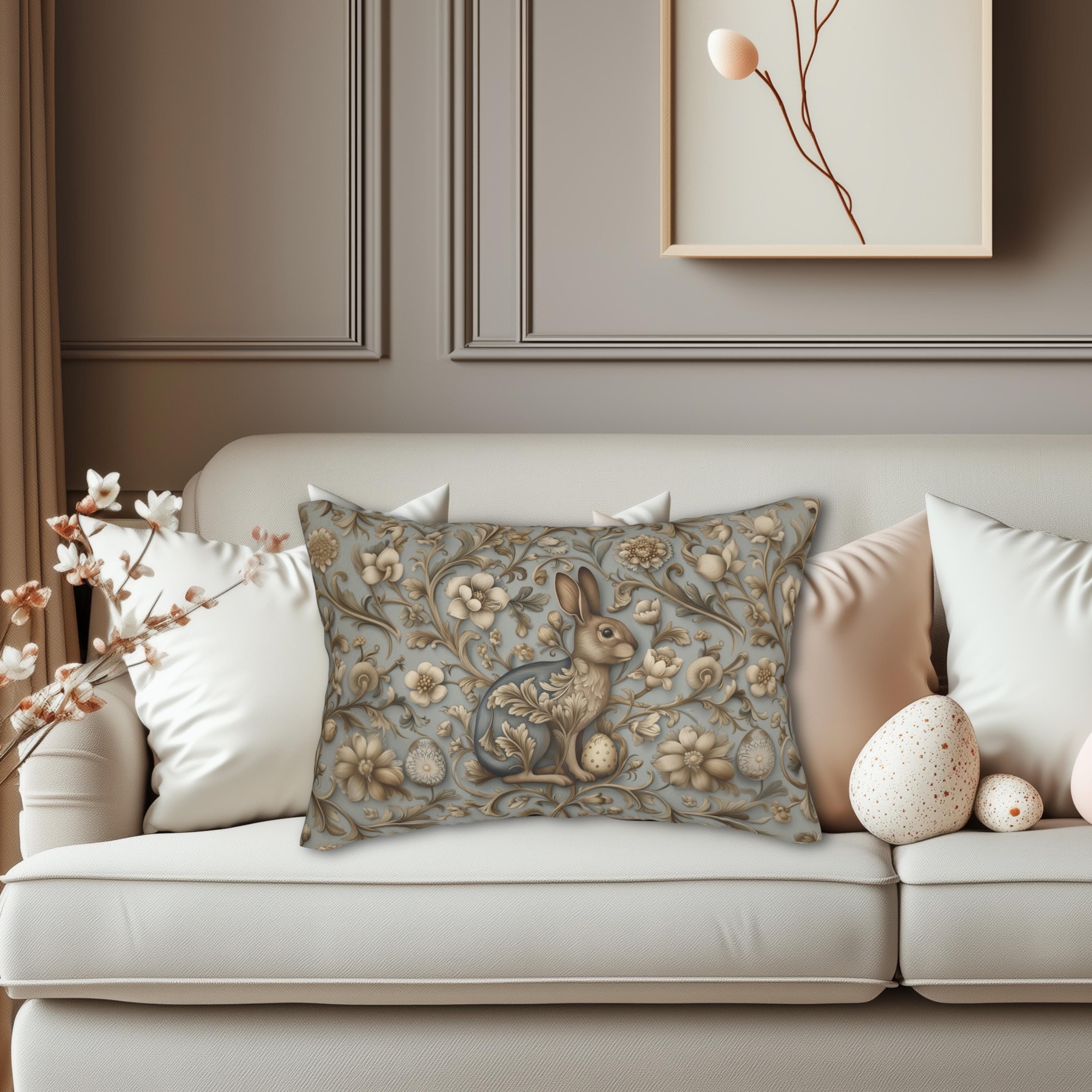 William Morris Chinoiserie Easter Hare Lumbar Pillow: Slate Blue & Taupe