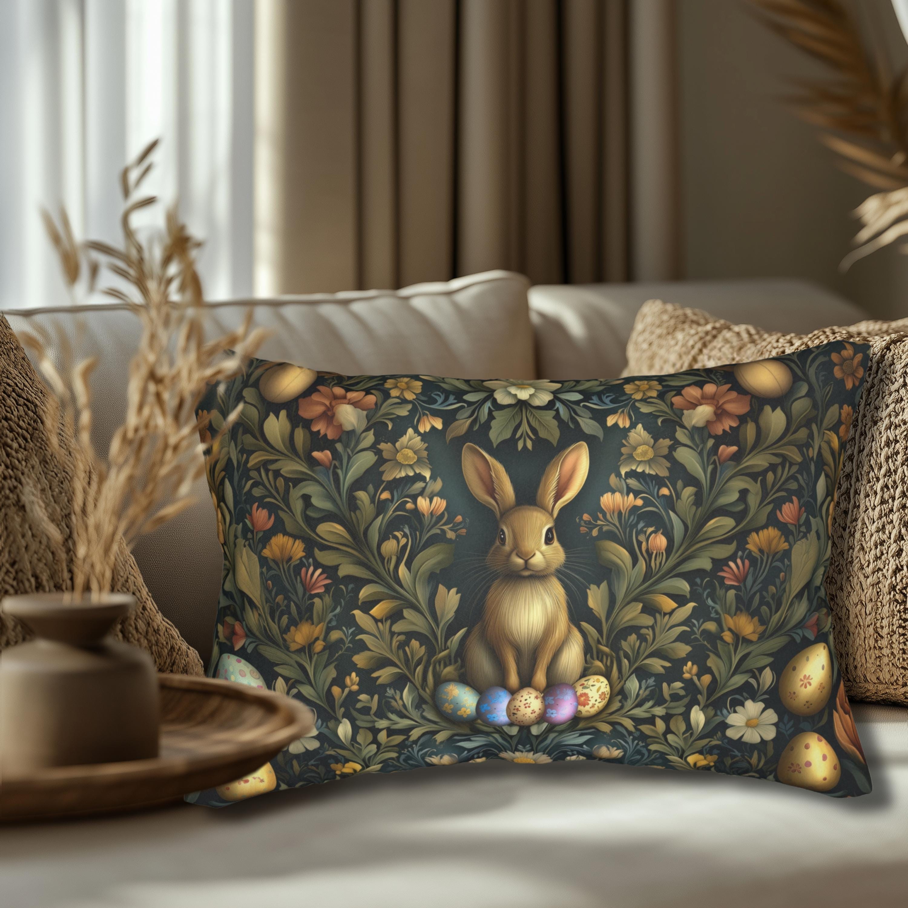Elegant Easter Bunny Lumbar Pillow: William Morris-Inspired Tapestry Design for Spring Home Decor