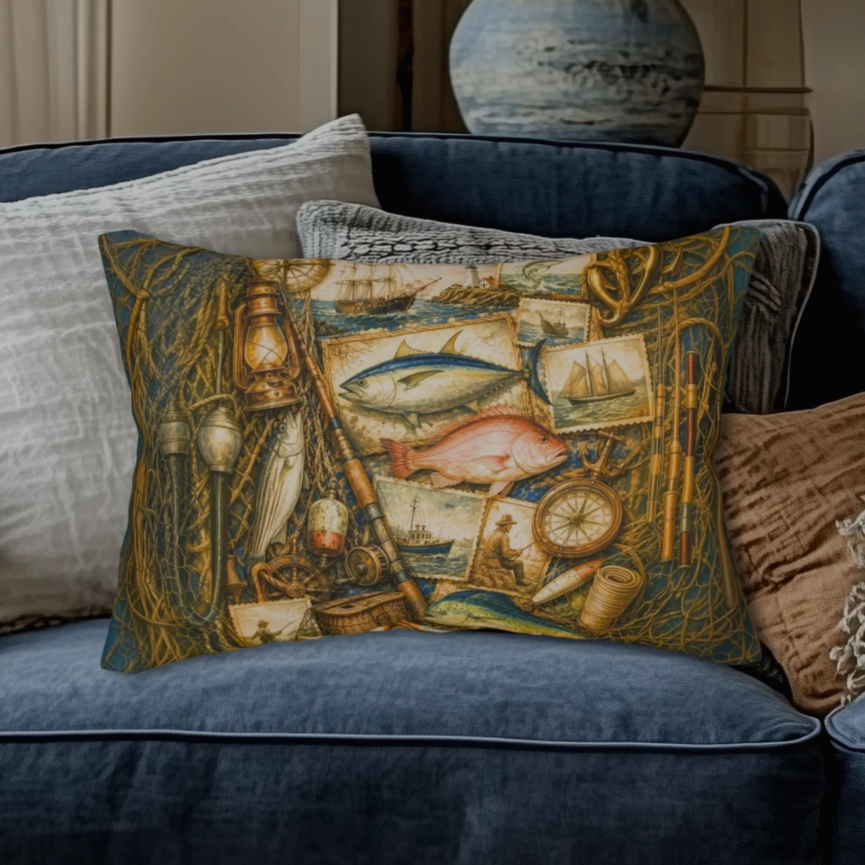 Rustic Fishing Lumbar Pillow: Vintage Style Nautical Lakehouse Accent