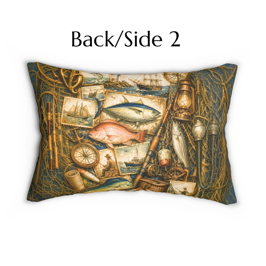 Rustic Fishing Lumbar Pillow: Vintage Style Nautical Lakehouse Accent