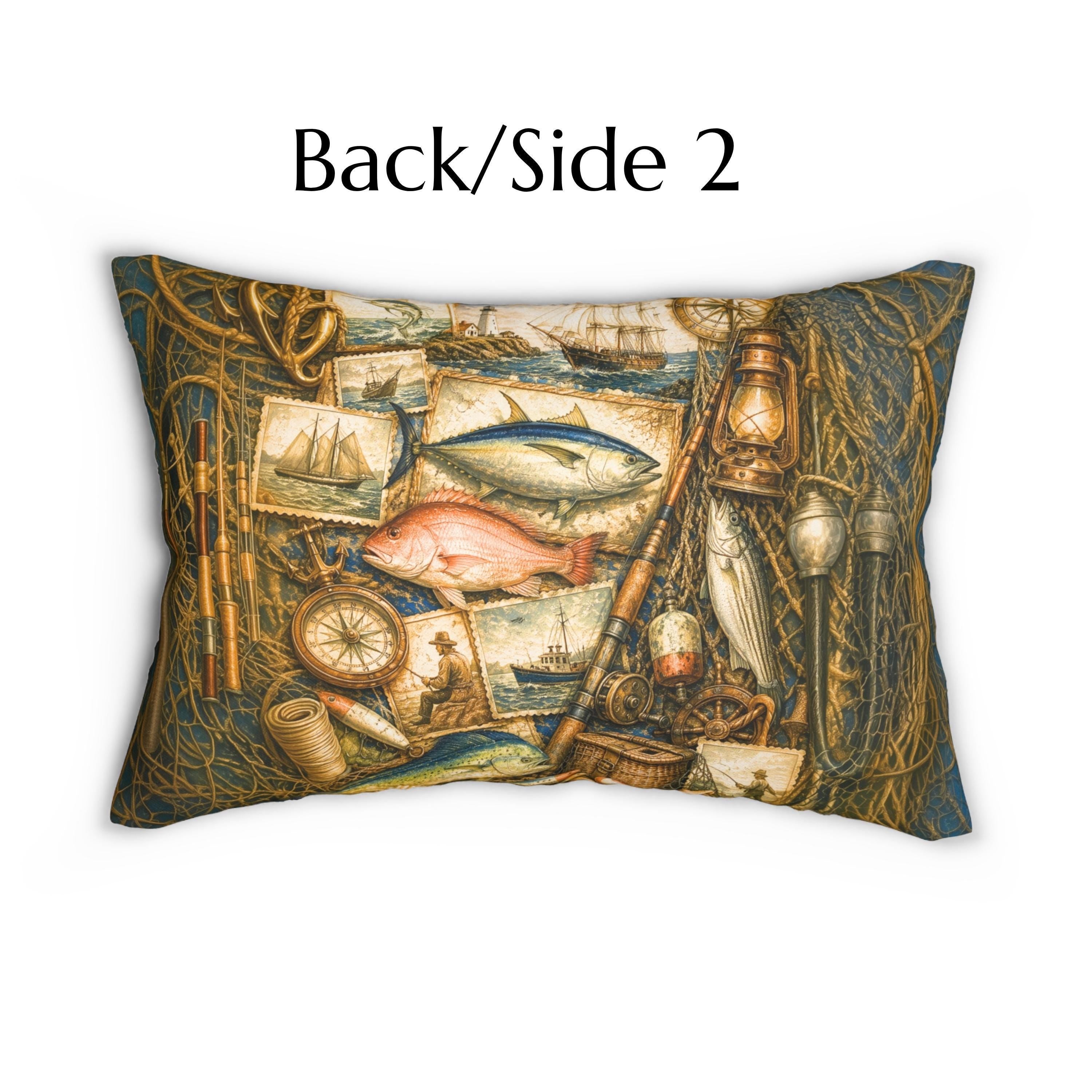 Rustic Fishing Lumbar Pillow: Vintage Style Nautical Lakehouse Accent