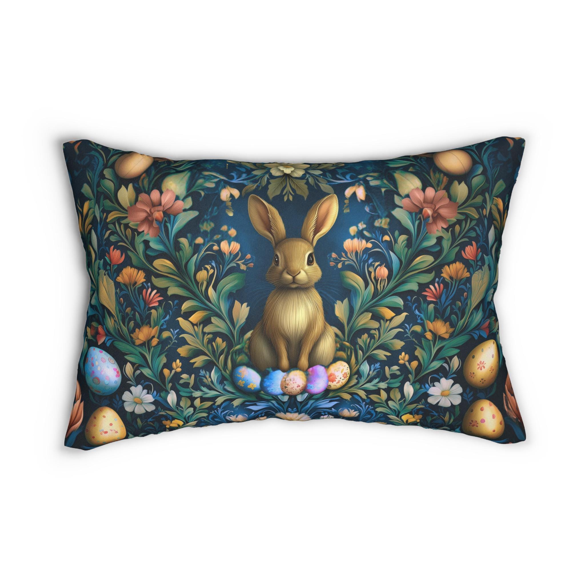 Easter Rabbit & Floral Botanical Lumbar Pillow: William Morris Inspired Vintage Spring Decor