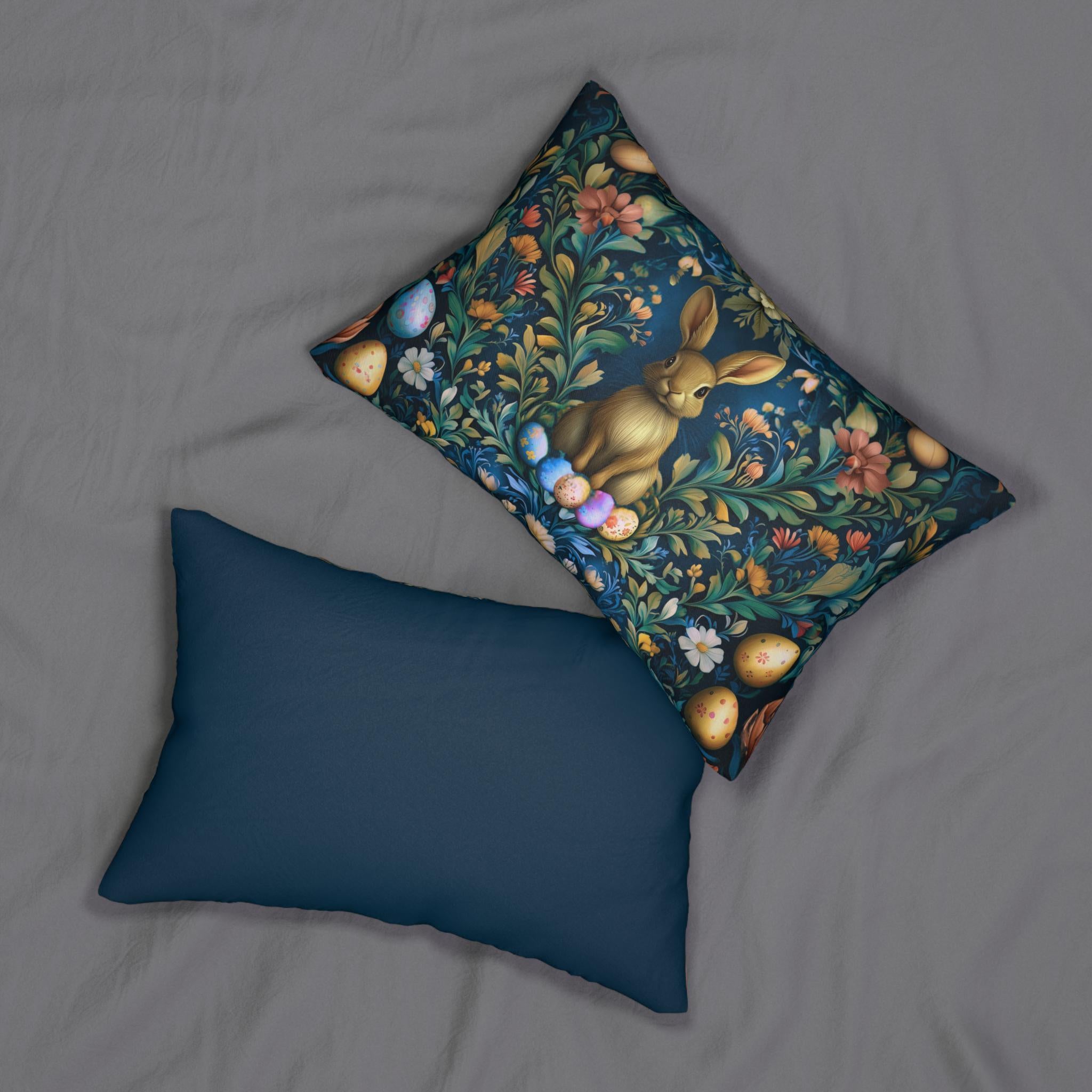 Easter Rabbit & Floral Botanical Lumbar Pillow: William Morris Inspired Vintage Spring Decor