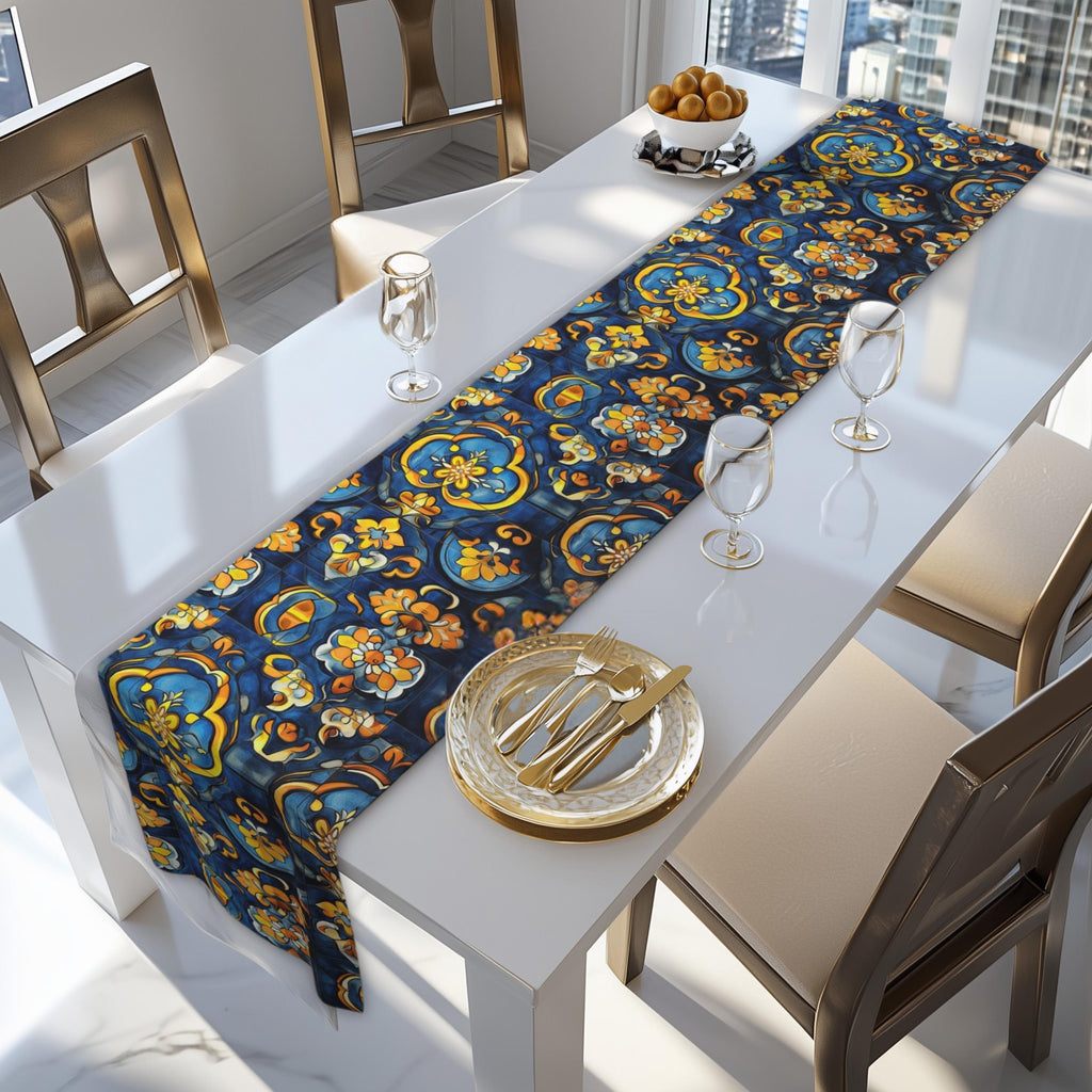 Mediterranean Table Runner: Inspired by Riviera Coastal Tile Aesthetics
