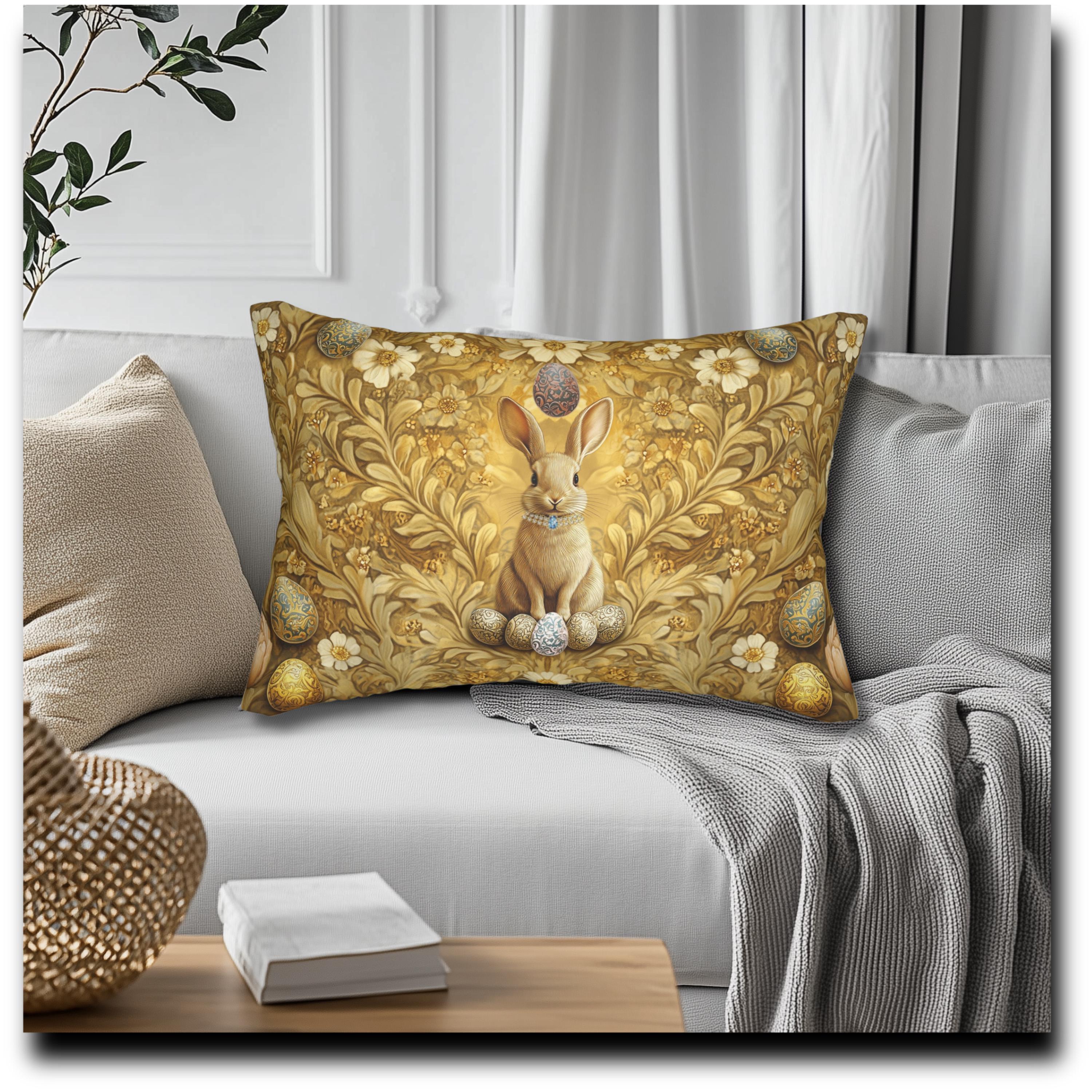 Elegant Easter Rabbit Lumbar Pillow: William Morris Inspired Botanical Art for Luxurious Spring Decor