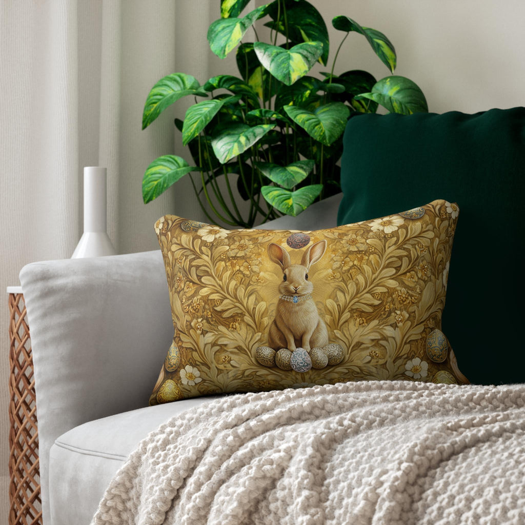 Elegant Easter Rabbit Lumbar Pillow: William Morris Inspired Botanical Art for Luxurious Spring Decor